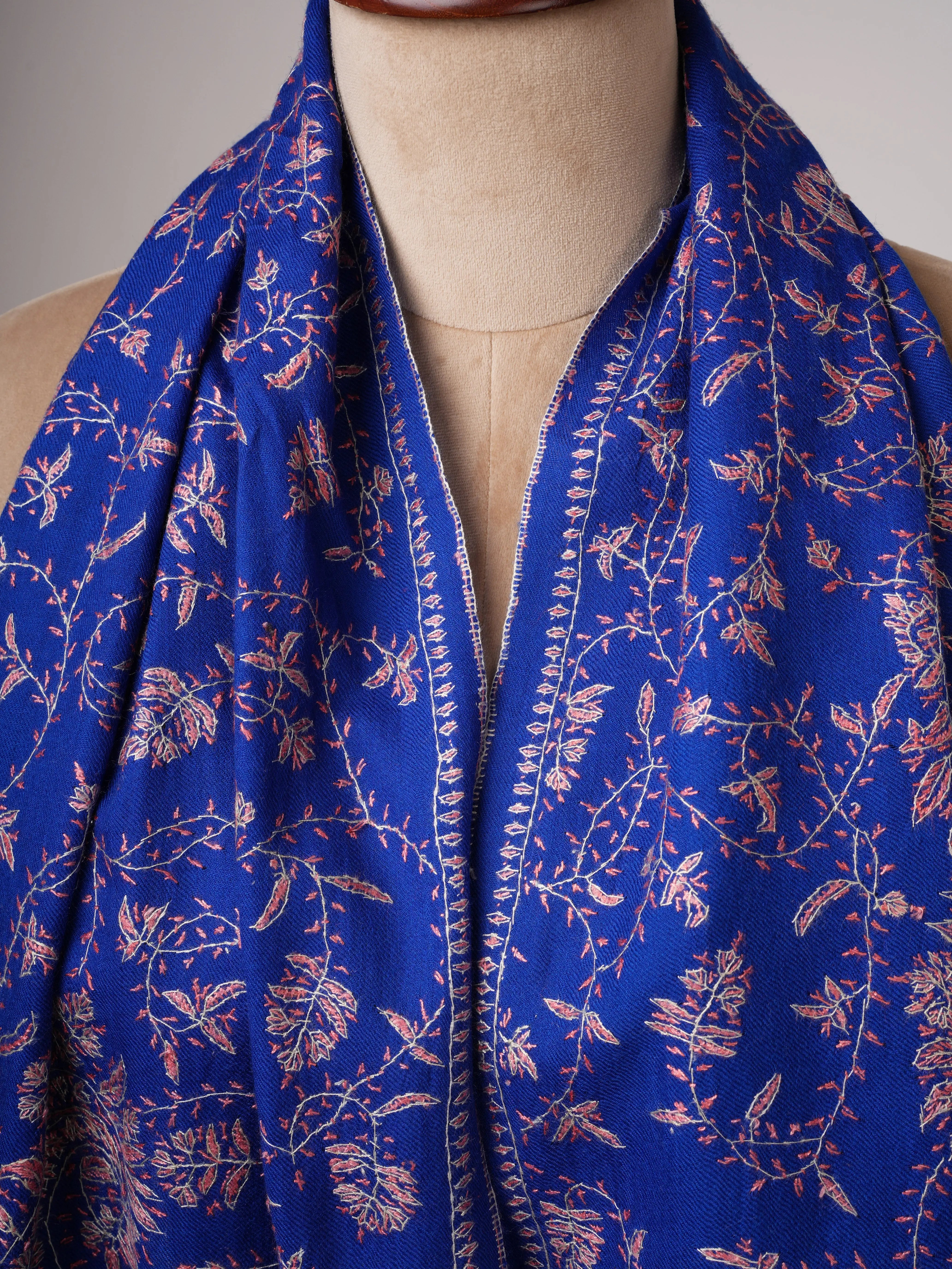 Blue Fine Wool Scarf with Hand Embroidered Jali Work Shahkaar
