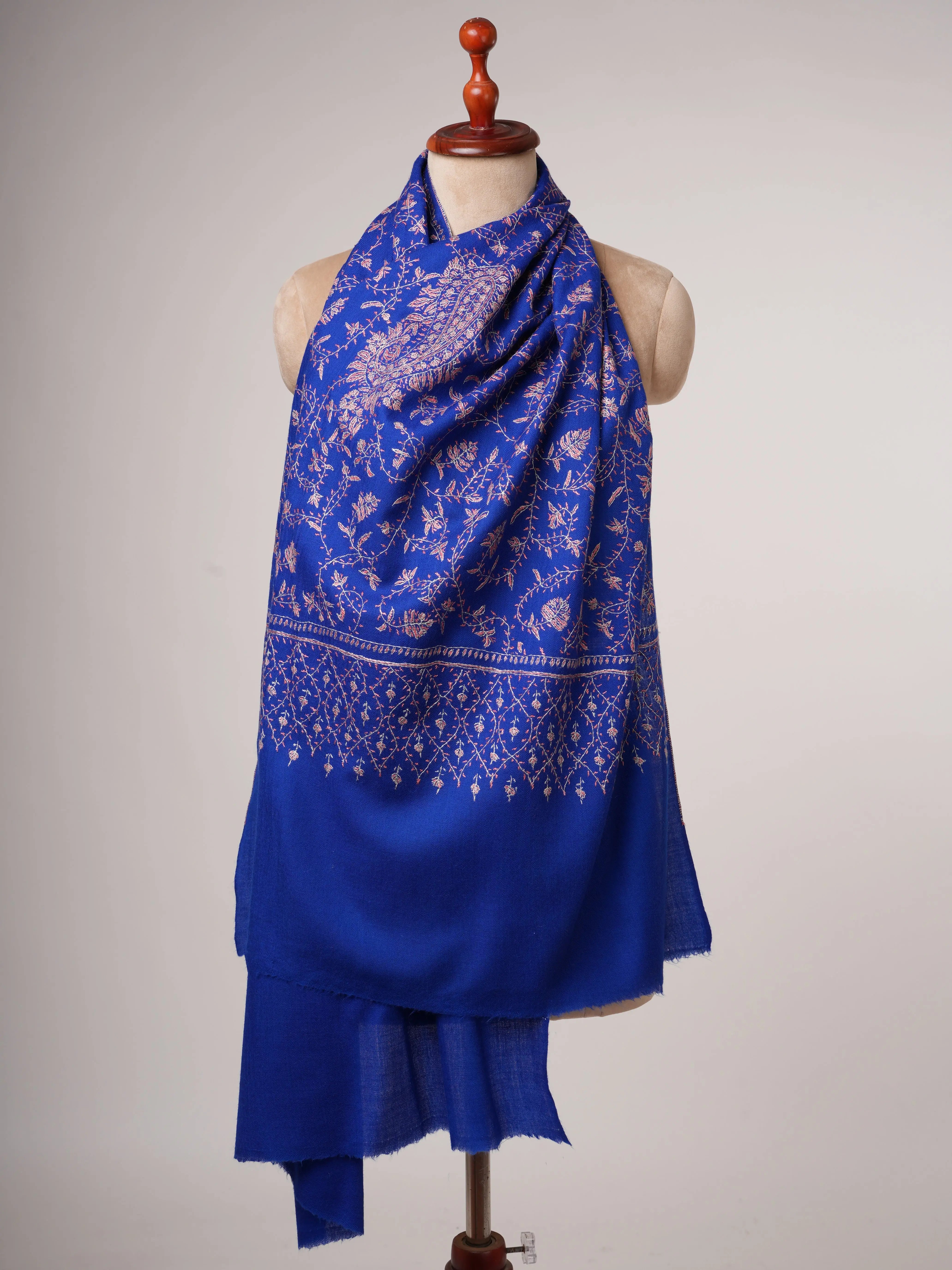 Blue Fine Wool Scarf with Hand Embroidered Jali Work Shahkaar