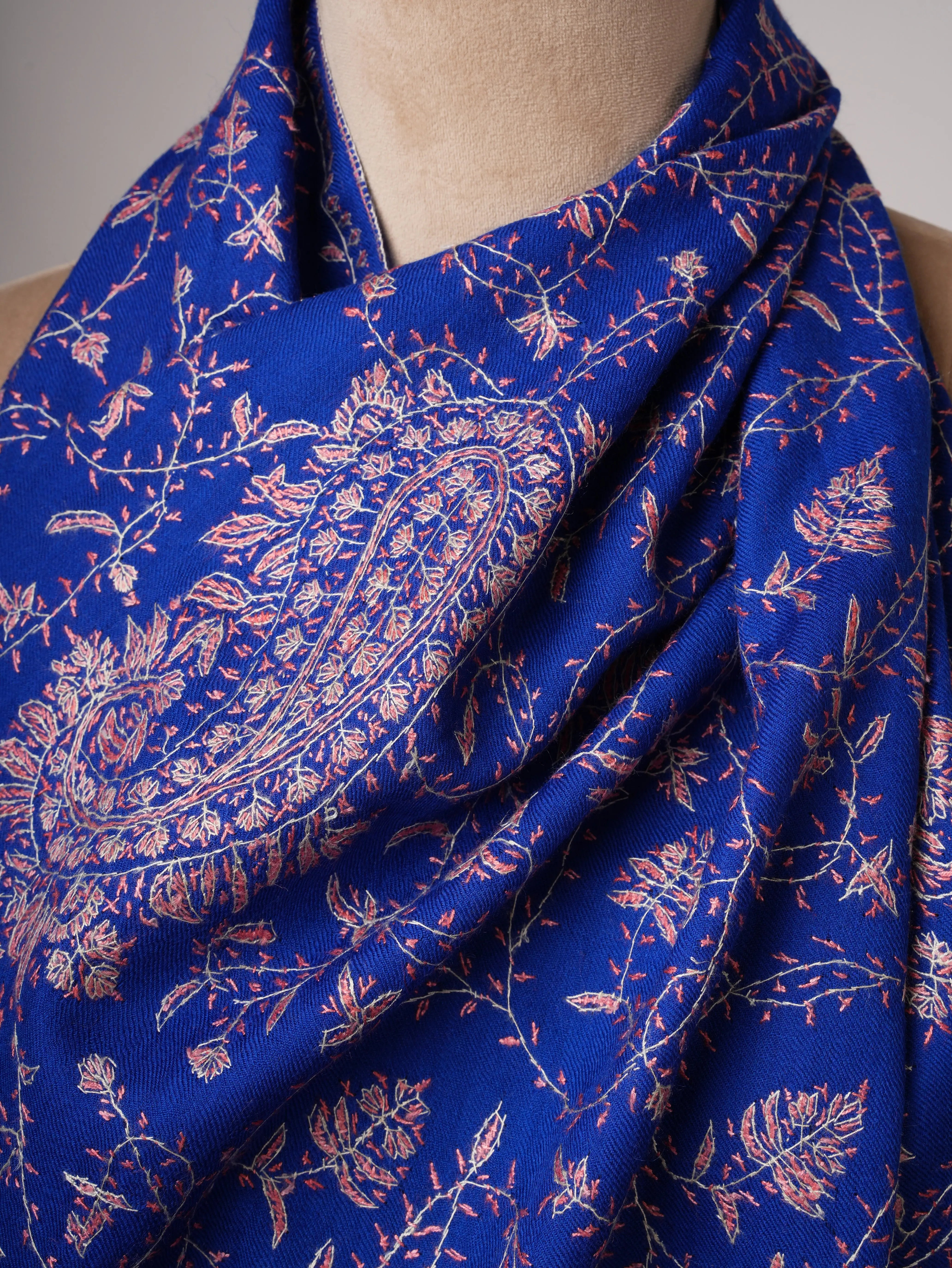Blue Fine Wool Scarf with Hand Embroidered Jali Work Shahkaar