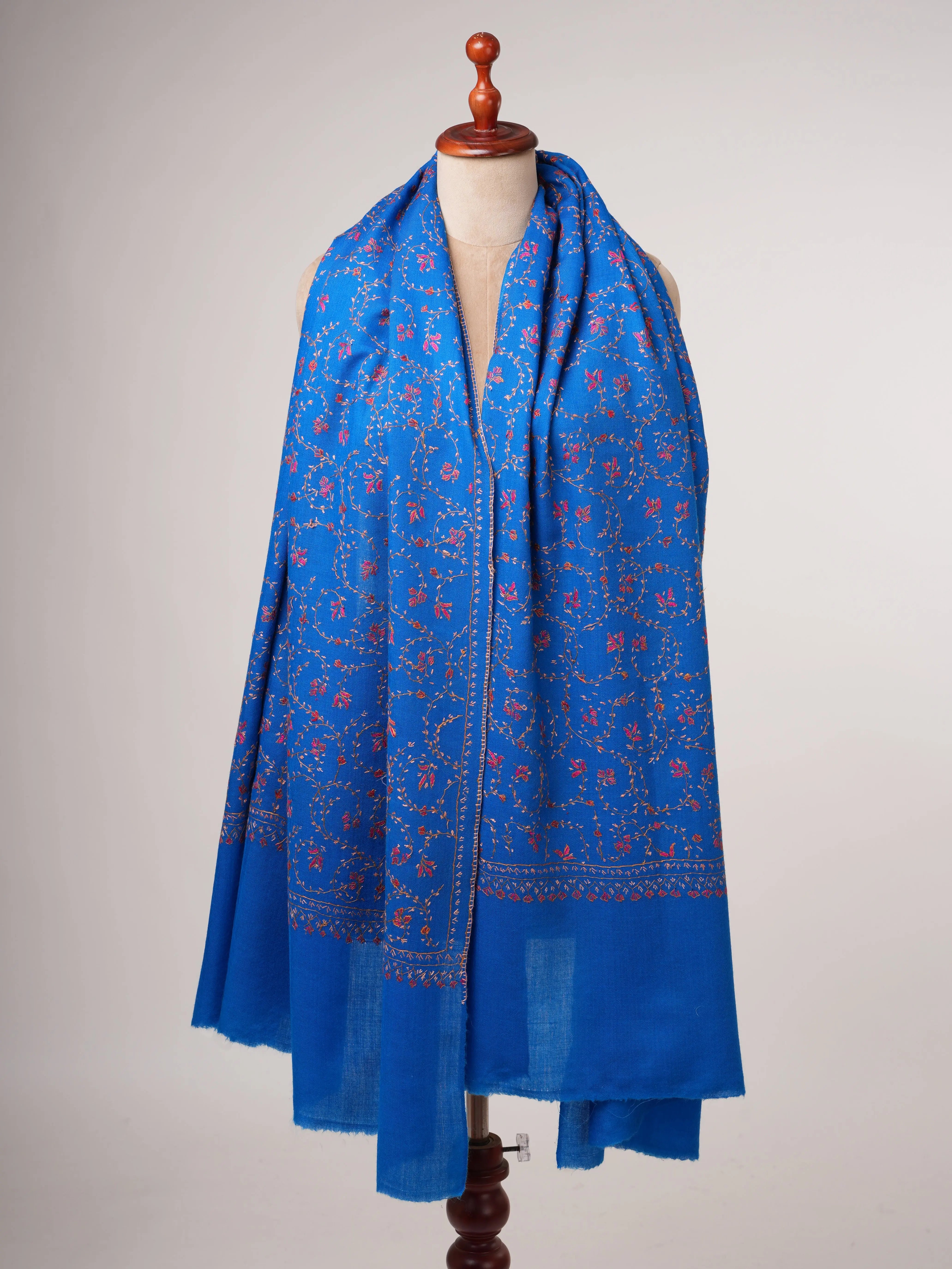 Blue Fine Wool Shawl with All-Over Jali Embroidery Shahkaar