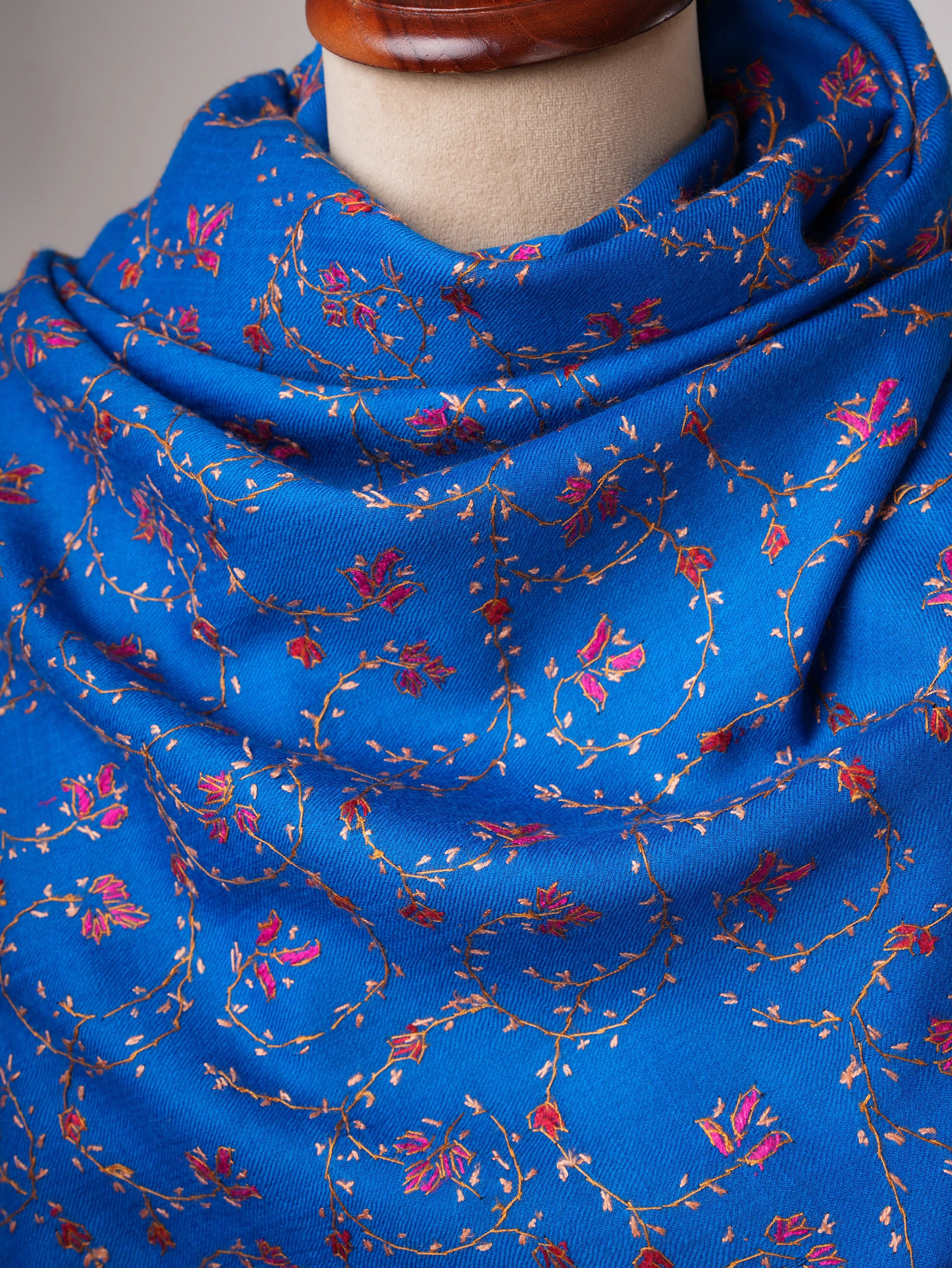 Blue Fine Wool Shawl with All-Over Jali Embroidery Shahkaar