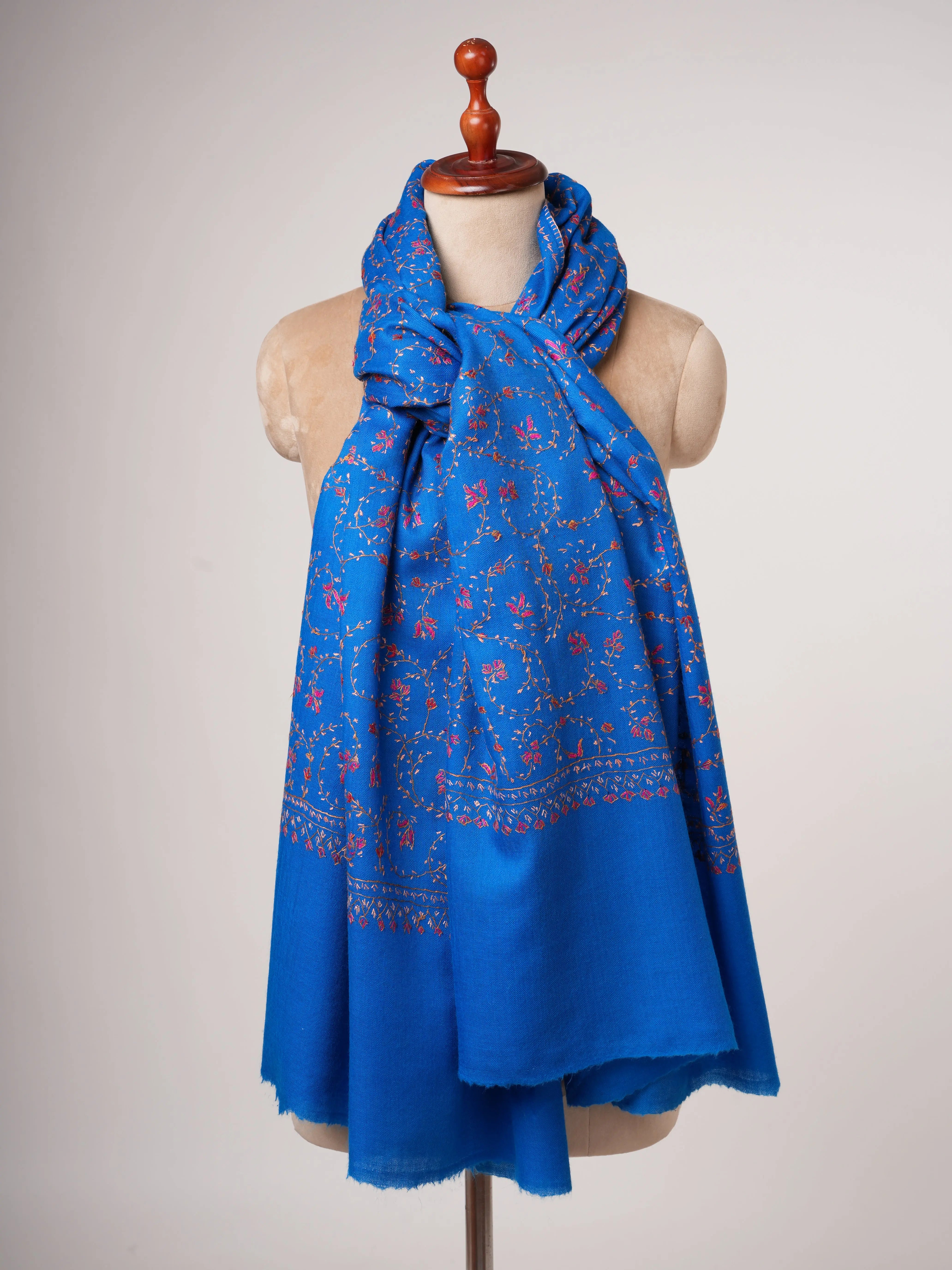Blue Fine Wool Shawl with All-Over Jali Embroidery Shahkaar
