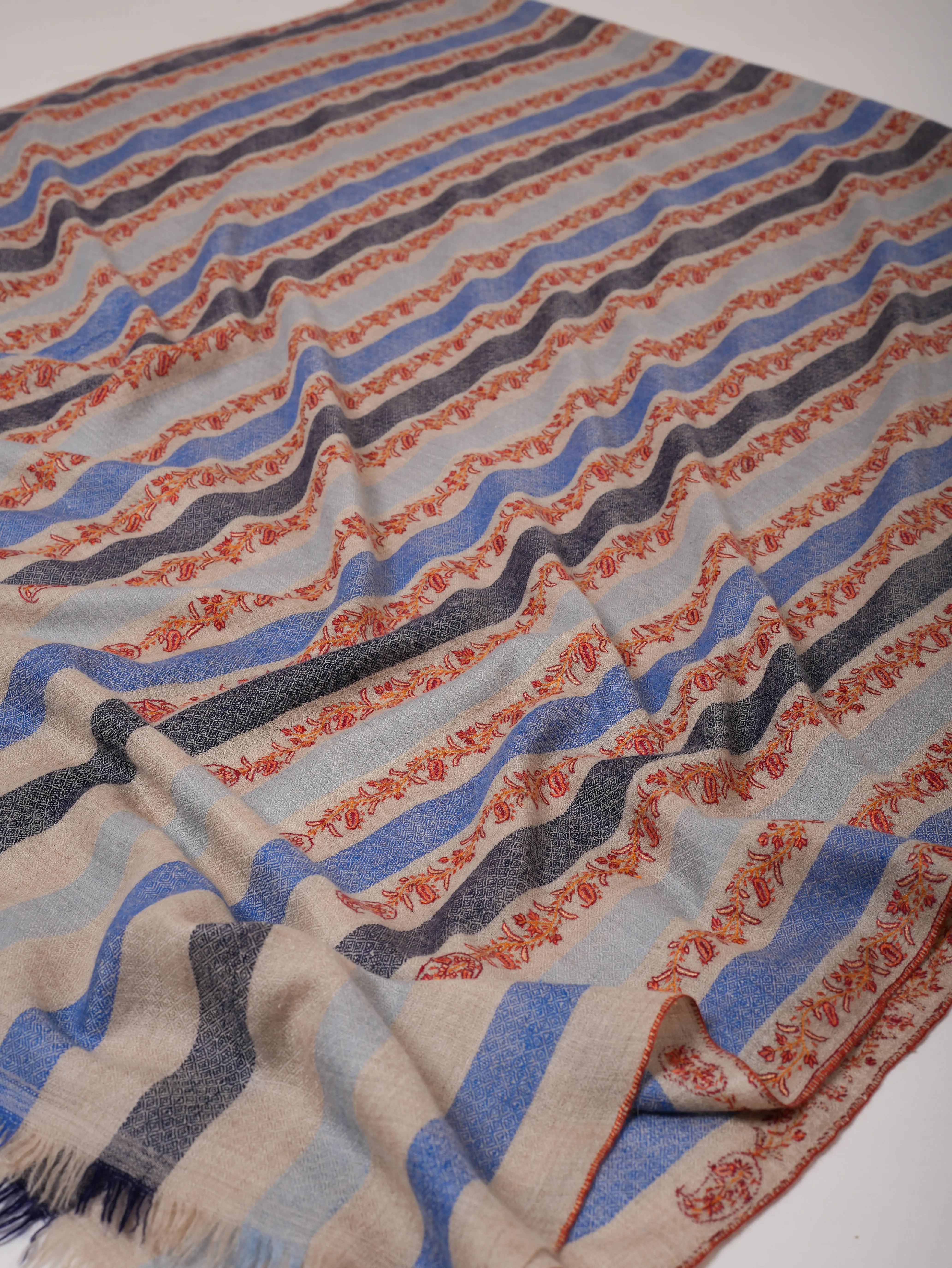 Blue Gradient Pashmina Shawl with Fine Hand Embroidery | Gradient Cashmere Wrap Shahkaar