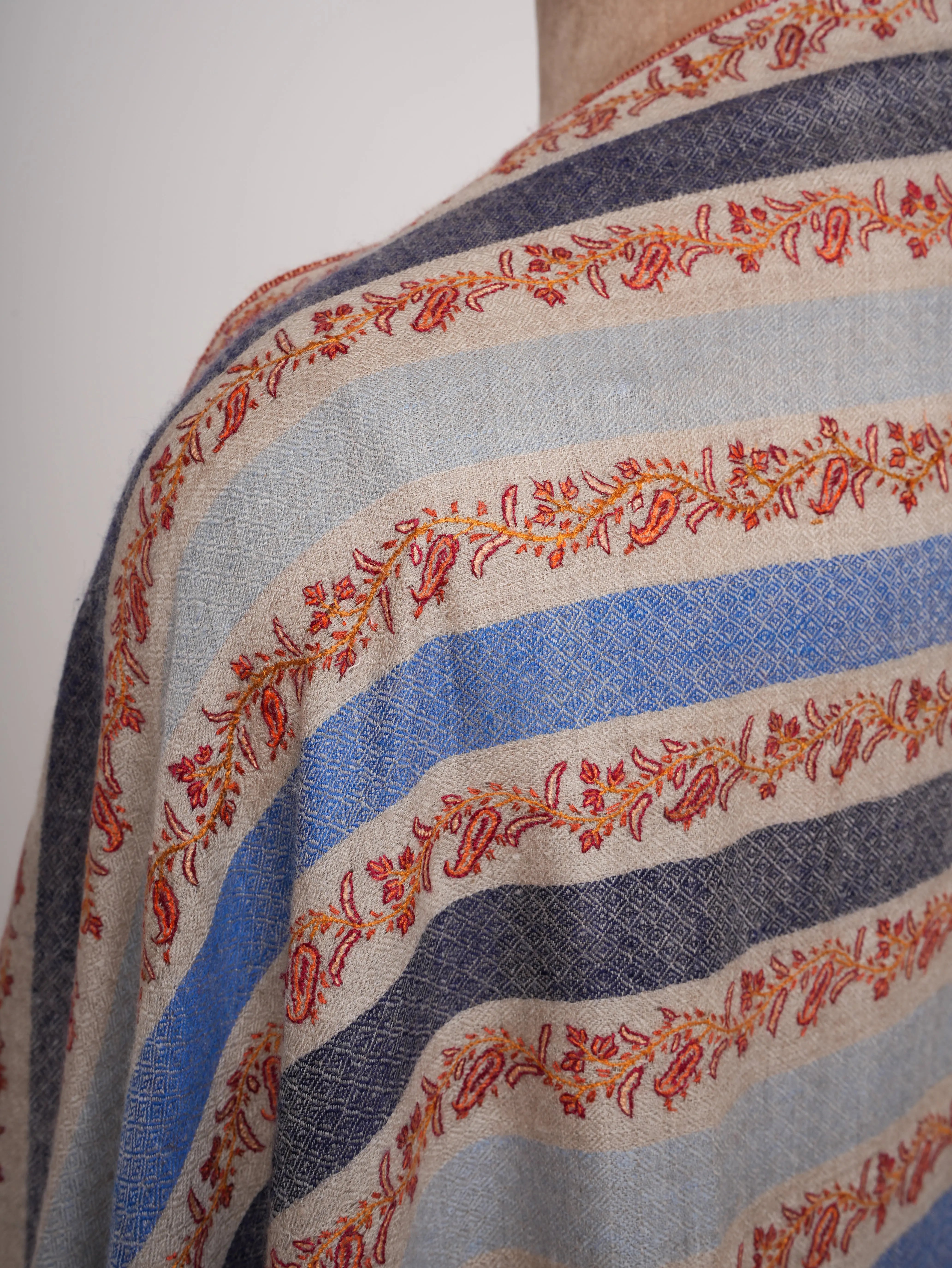 Blue Gradient Pashmina Shawl with Fine Hand Embroidery | Gradient Cashmere Wrap Shahkaar