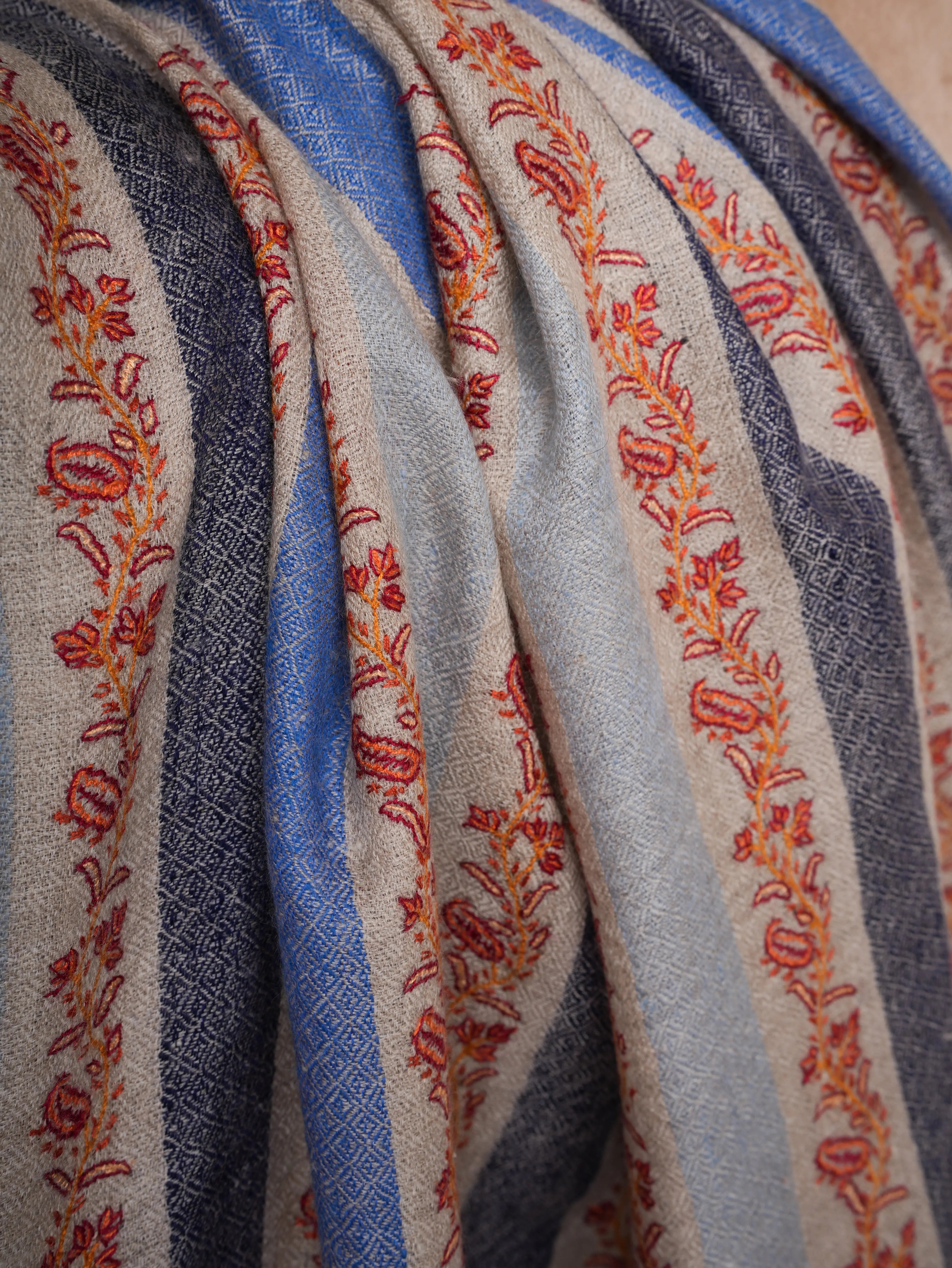 Blue Gradient Pashmina Shawl with Fine Hand Embroidery | Gradient Cashmere Wrap Shahkaar