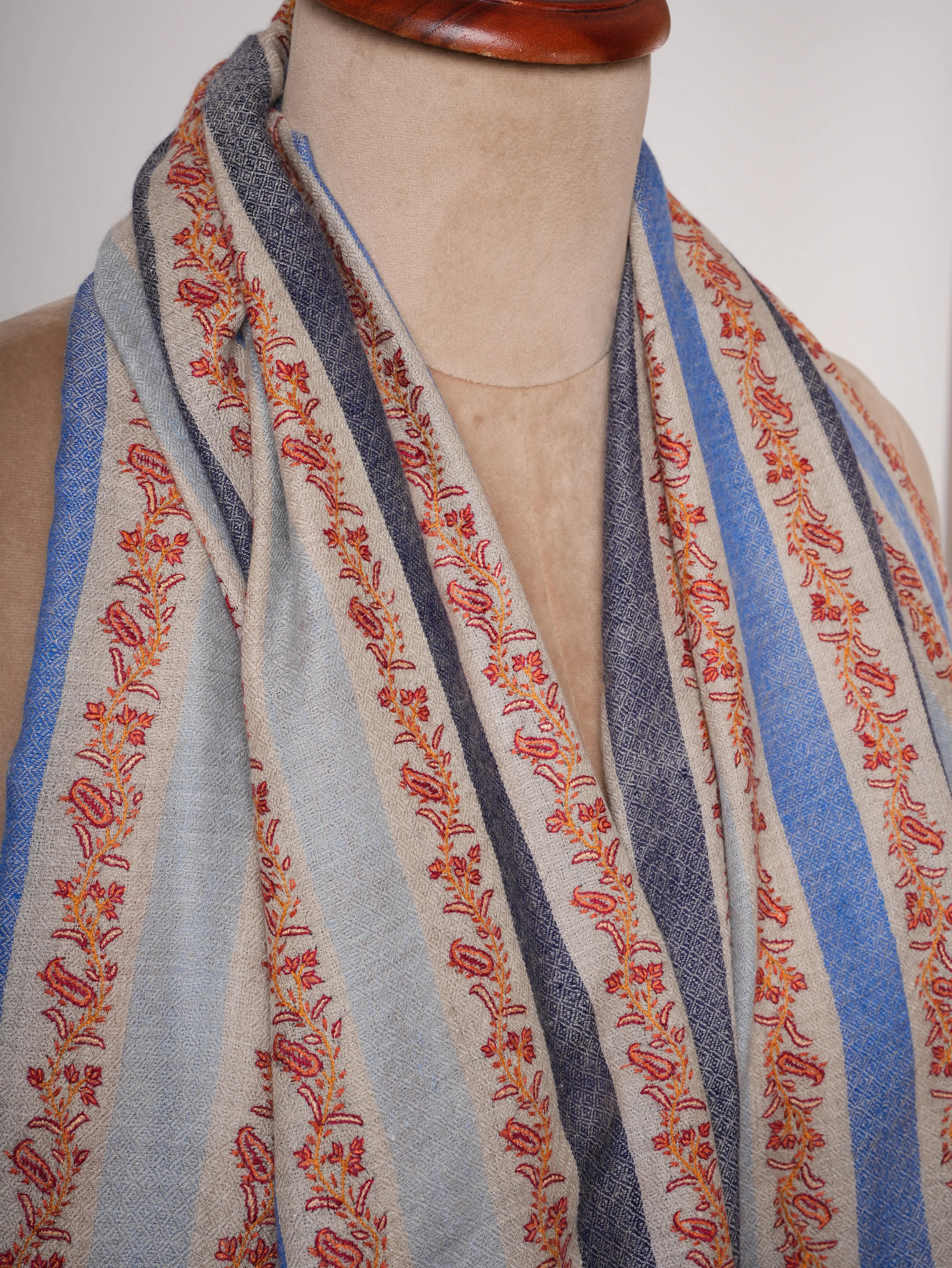 Blue Gradient Pashmina Shawl with Fine Hand Embroidery | Gradient Cashmere Wrap Shahkaar