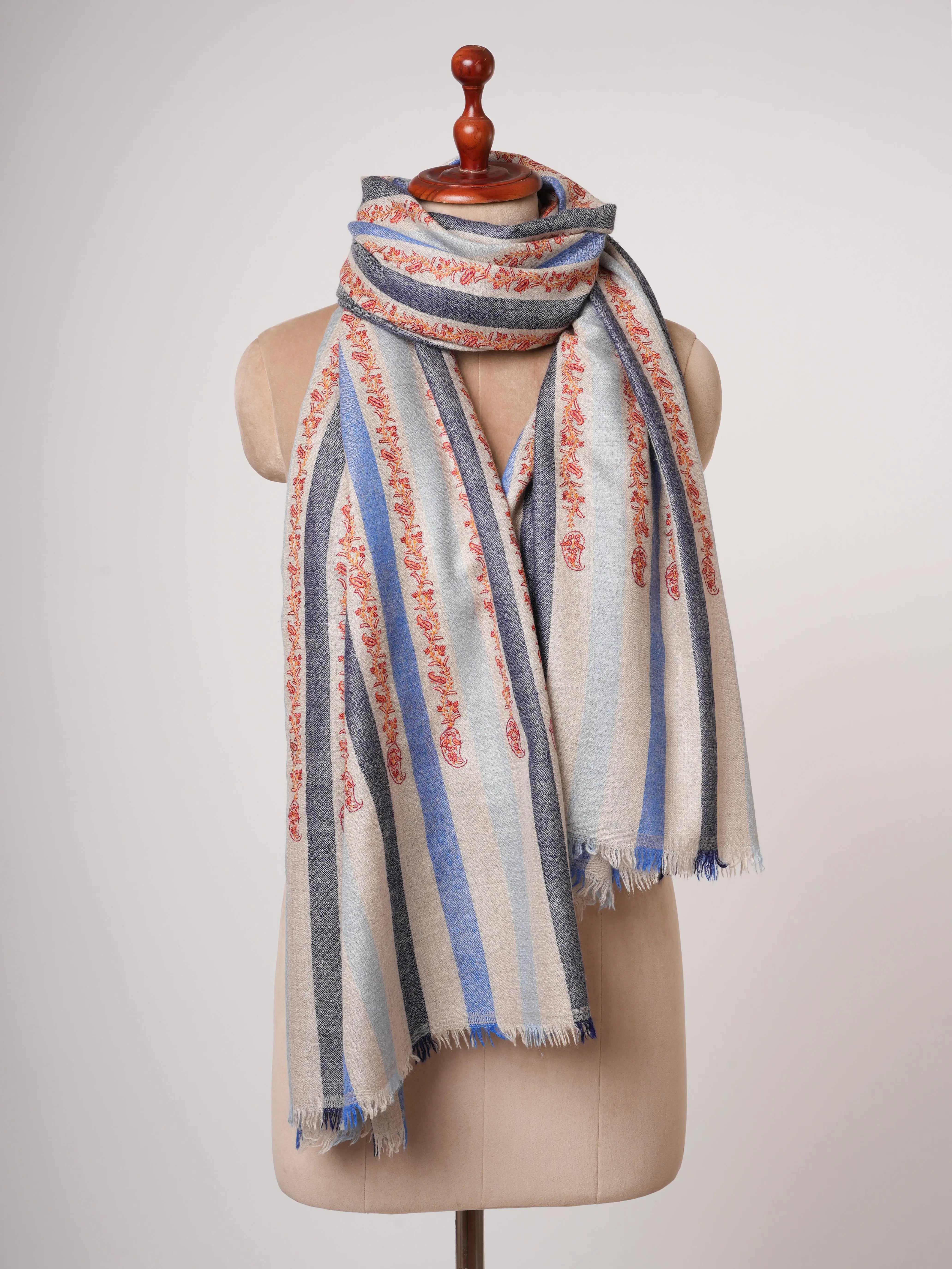 Blue Gradient Pashmina Shawl with Fine Hand Embroidery | Gradient Cashmere Wrap Shahkaar