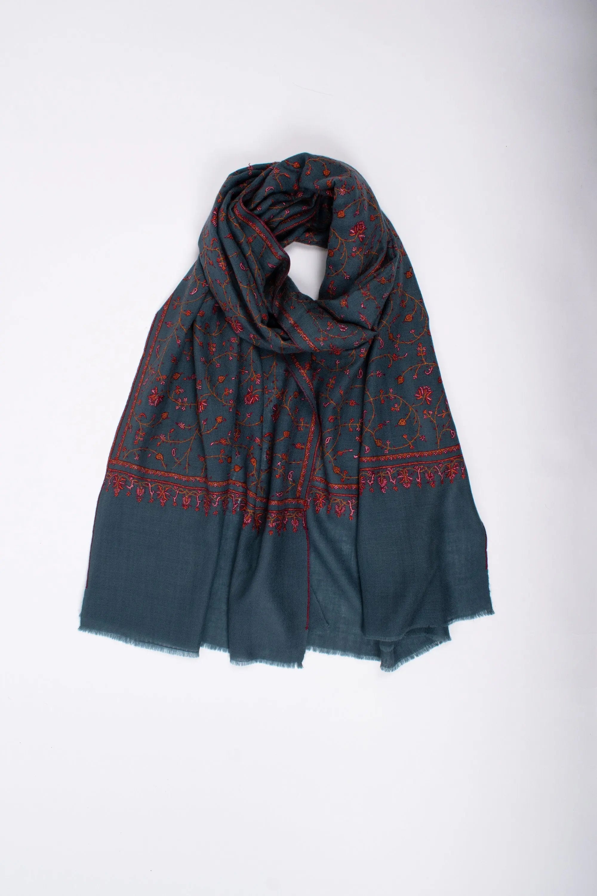 Blue Gray Scarves, Super Soft Pashminas, Needlework Embroideries, Kashmiri Shawls, Summer Wraps, Organic Scarf, 28x80" - MARSALA Shahkaar