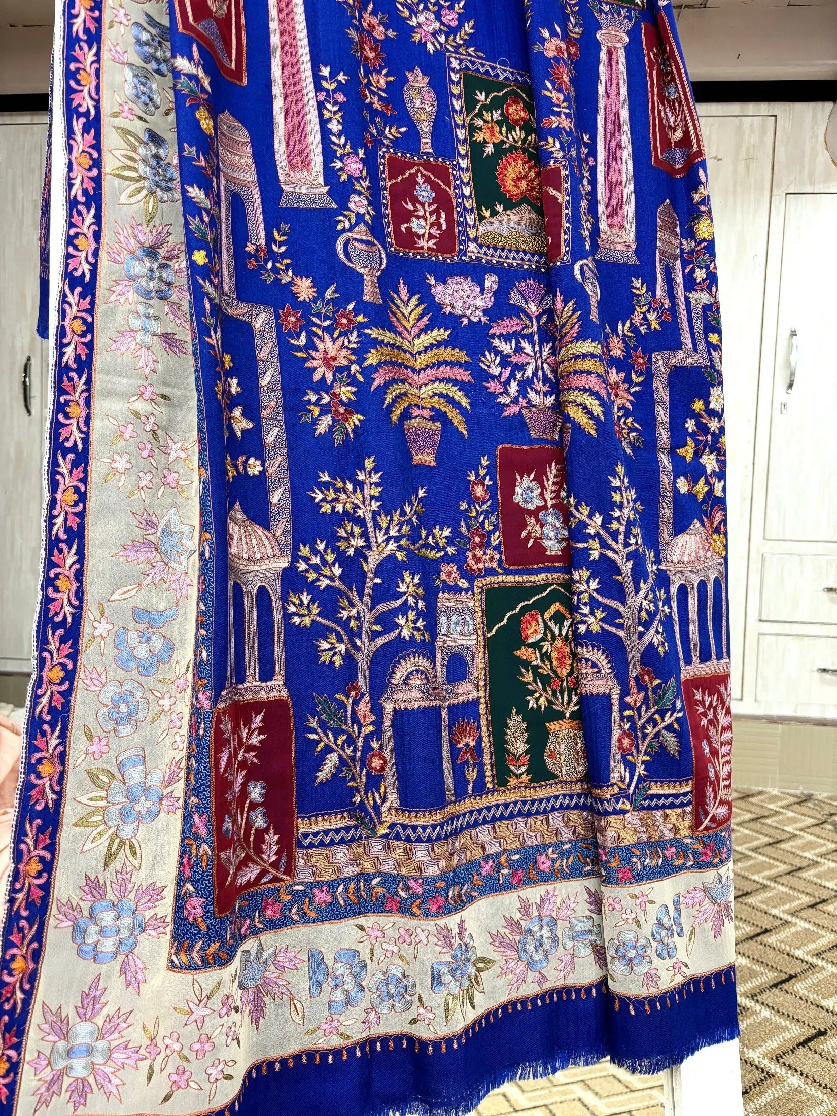 Blue Hand Embroidered Pashmina Shawl with Patch Work. Shahkaar