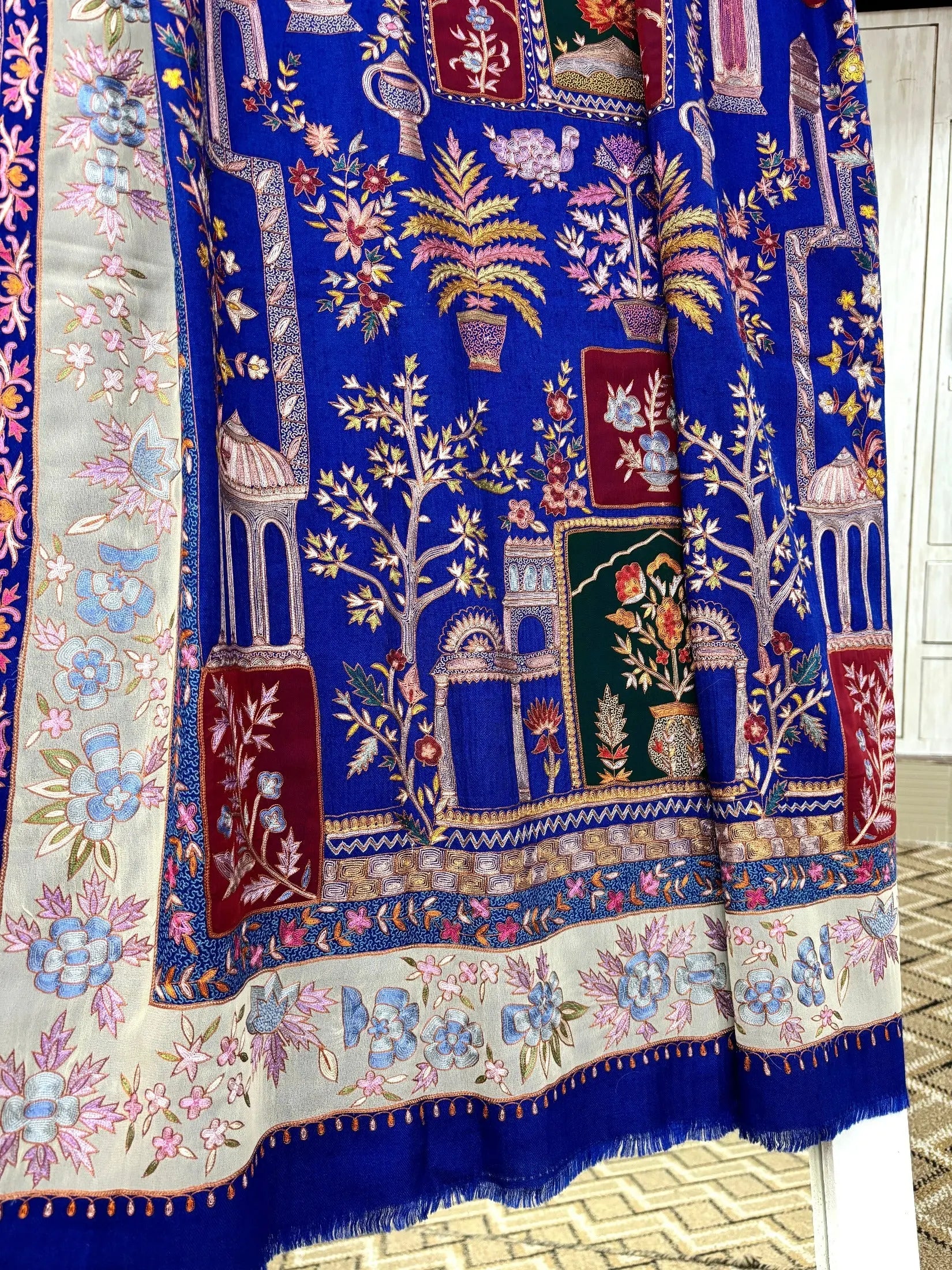 Blue Hand Embroidered Pashmina Shawl with Patch Work. Shahkaar