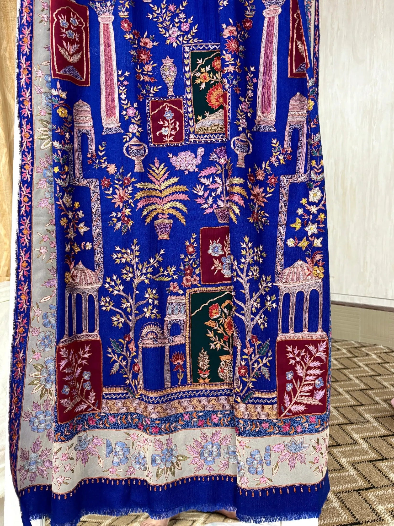 Blue Hand Embroidered Pashmina Shawl with Patch Work. Shahkaar