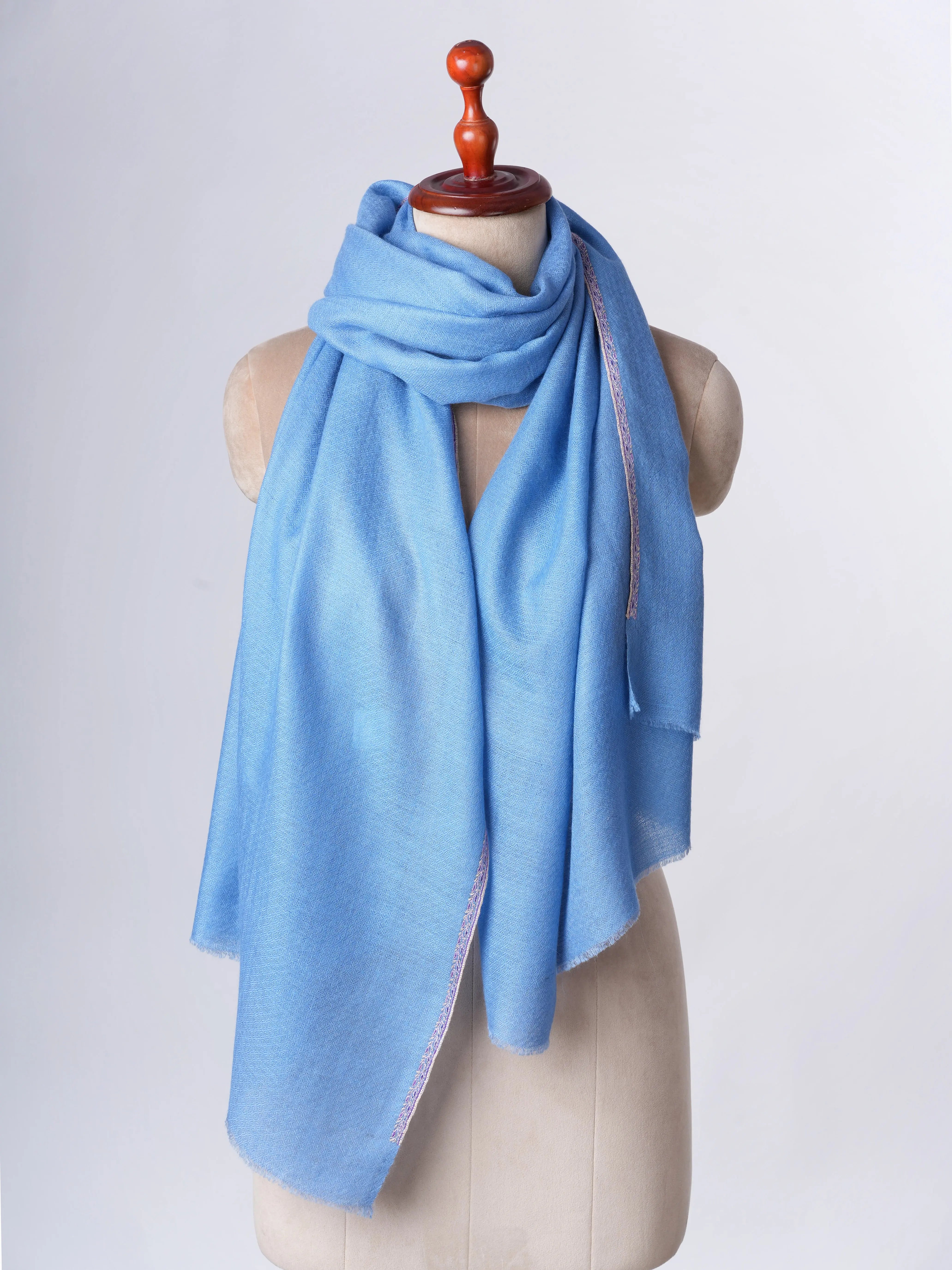 Blue Handloomed Indian Cashmere Scarf with Fine Sozni Embroidery Shahkaar