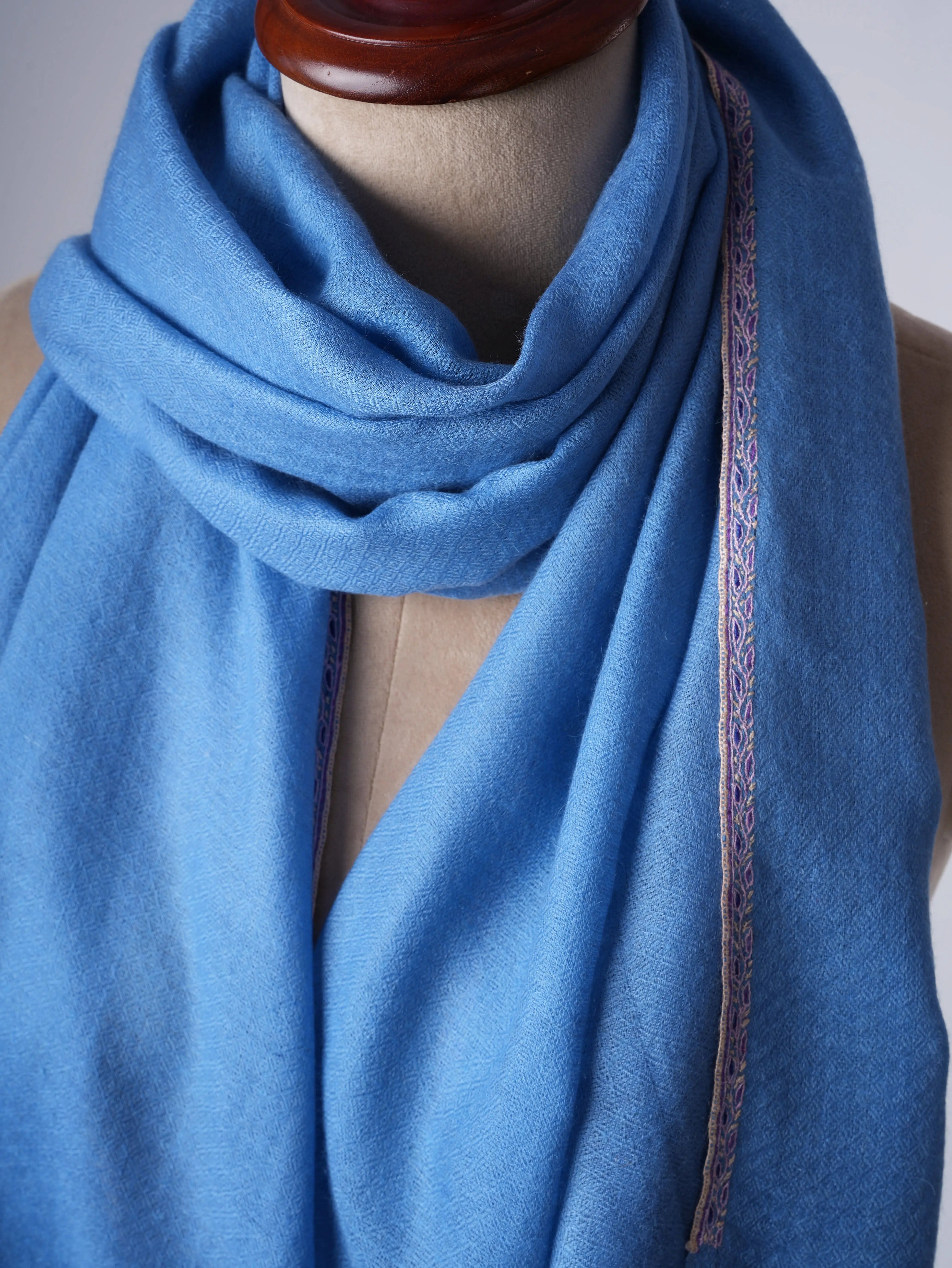 Blue Handloomed Indian Cashmere Scarf with Fine Sozni Embroidery Shahkaar