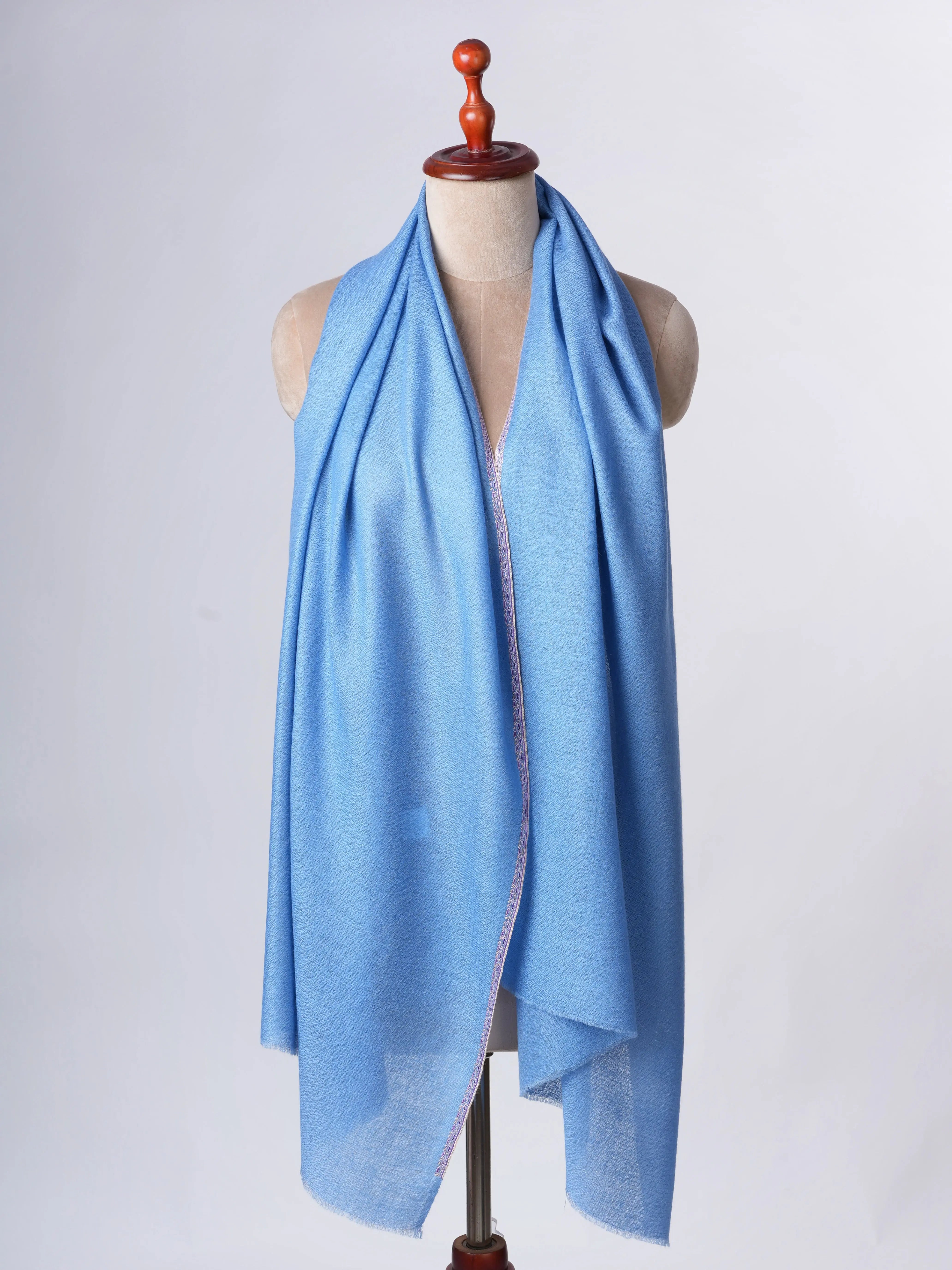 Blue Handloomed Indian Cashmere Scarf with Fine Sozni Embroidery Shahkaar