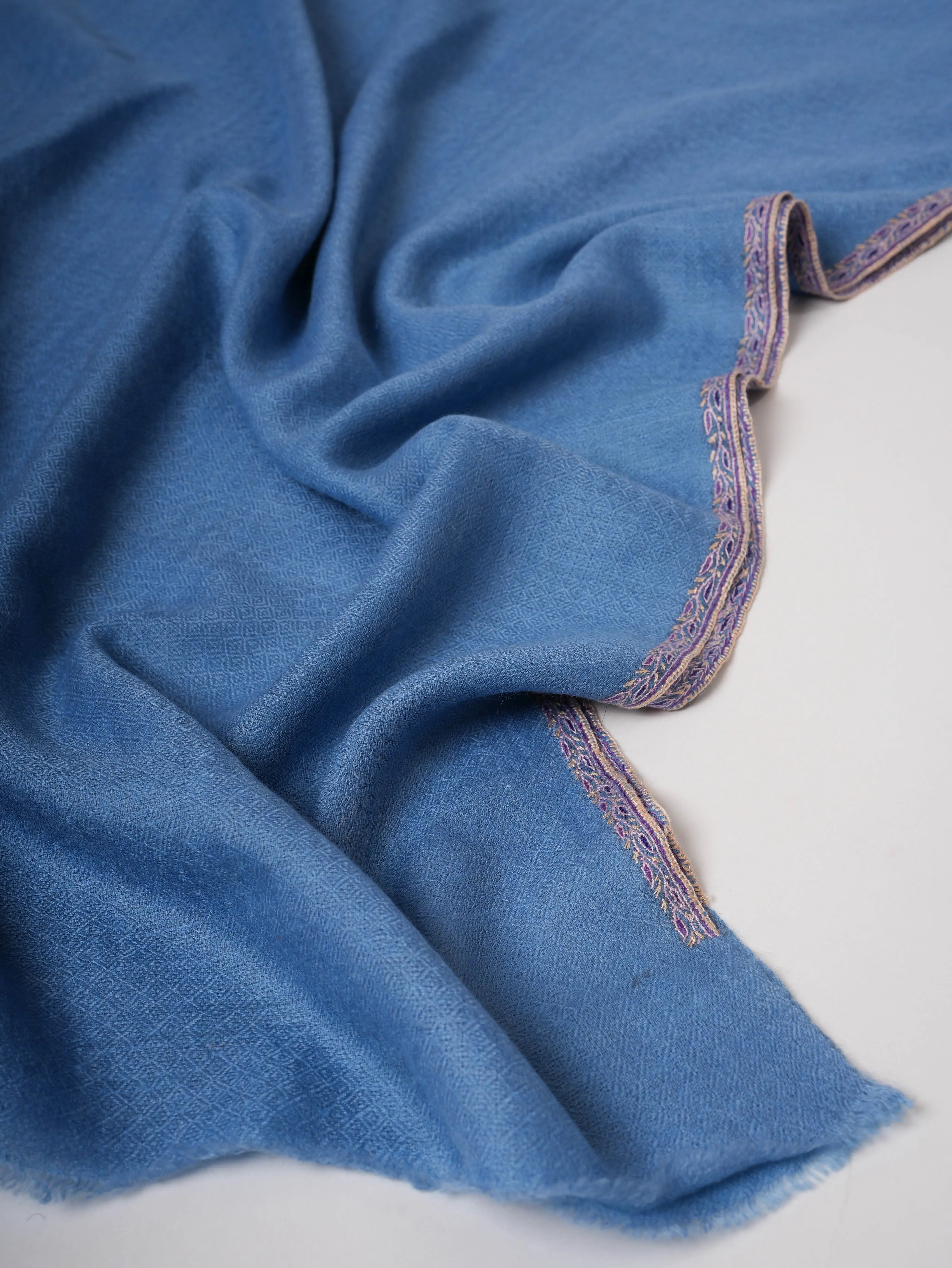 Blue Handloomed Indian Cashmere Scarf with Fine Sozni Embroidery Shahkaar