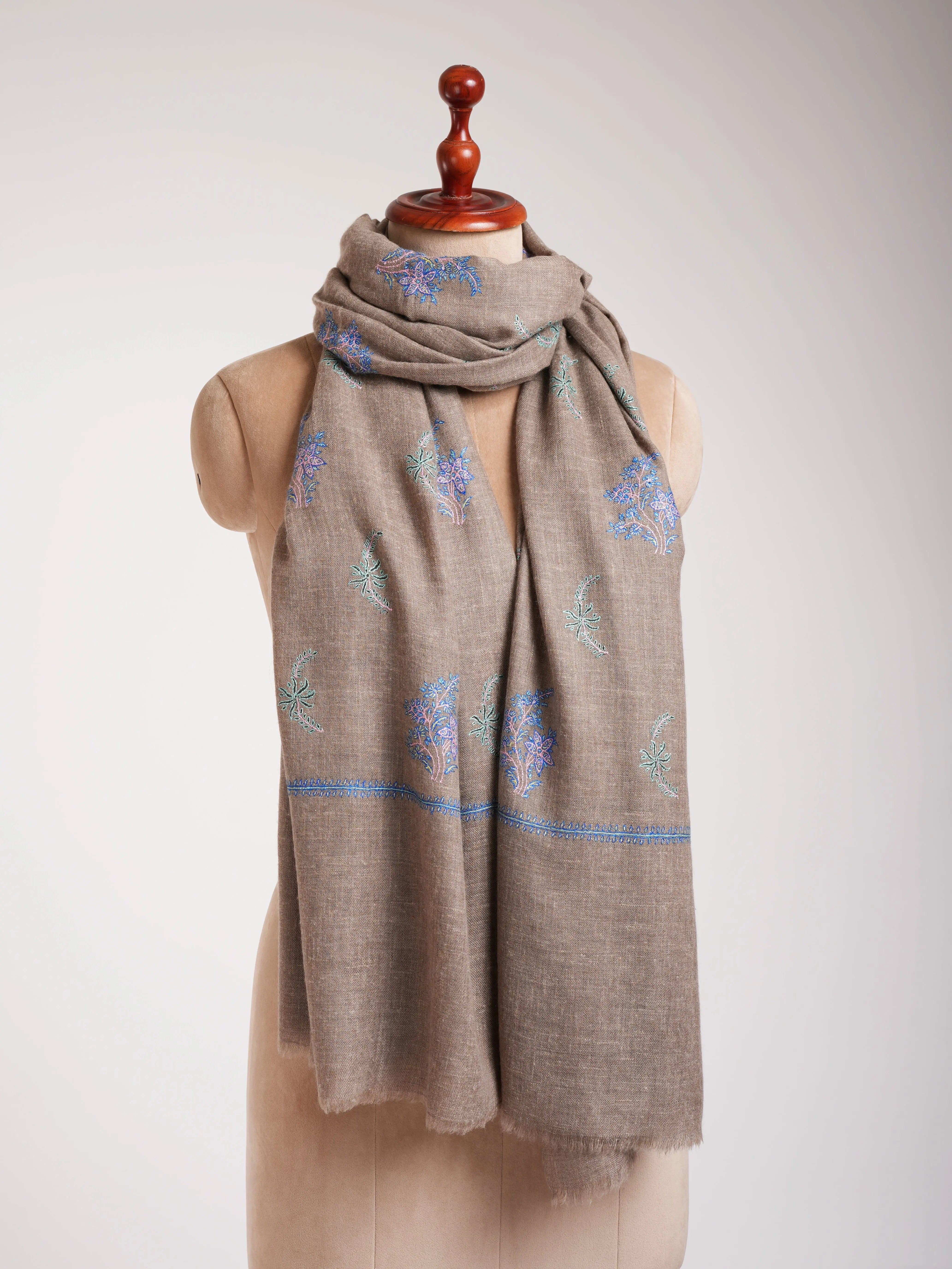 Blue Hue Embroidered Beige Pashmina Shawl Shahkaar