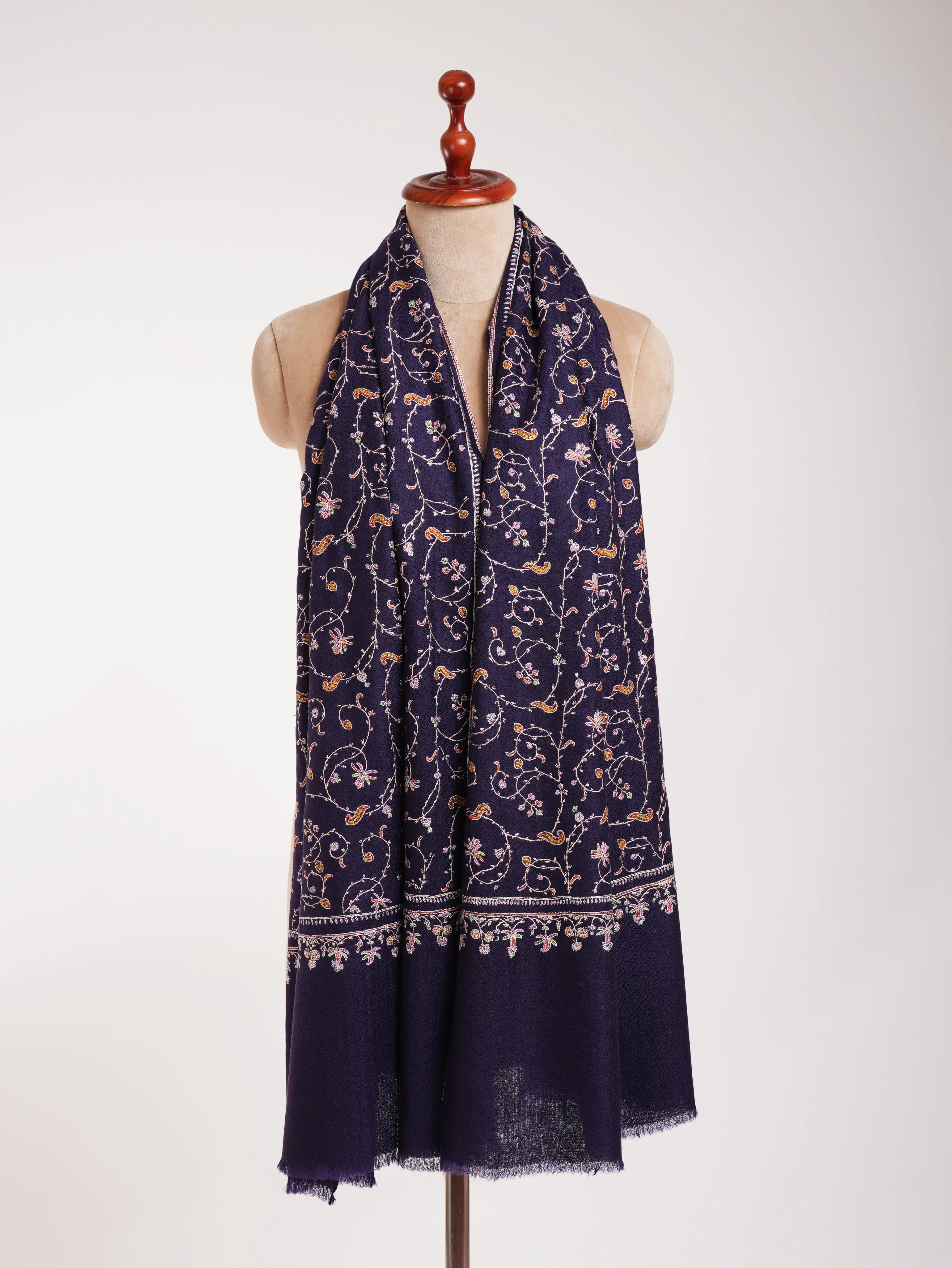 Blue Indian Cashmere Lightweight Scarf with Hand Embroidery Shahkaar