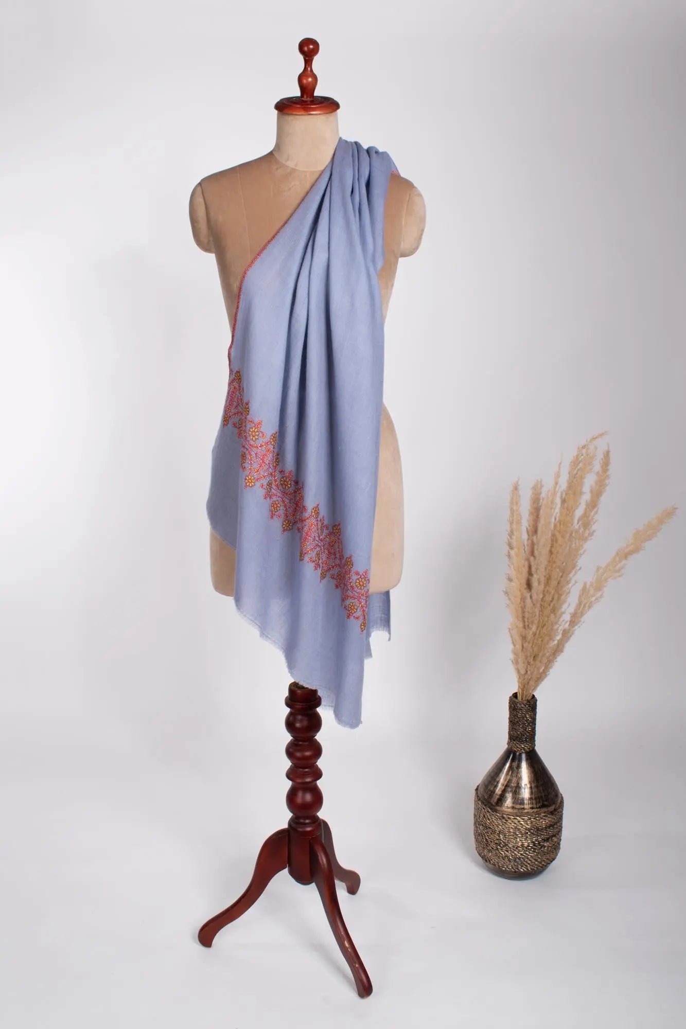 Blue Lightweight Cashmere Embroidered Scarf- LAUNCESTON Shahkaar