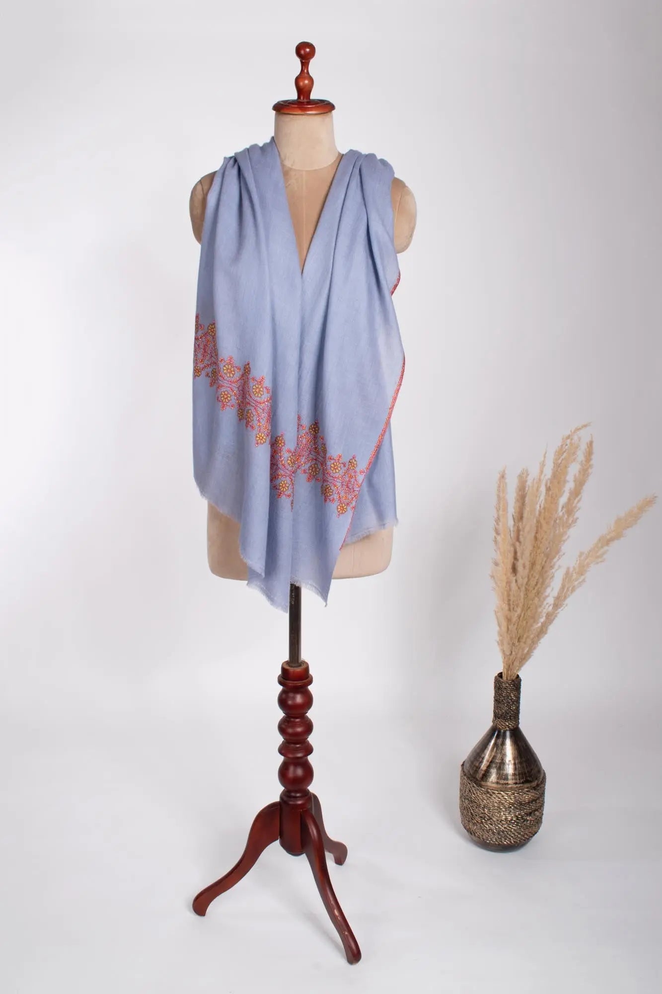 Blue Lightweight Cashmere Embroidered Scarf- LAUNCESTON Shahkaar