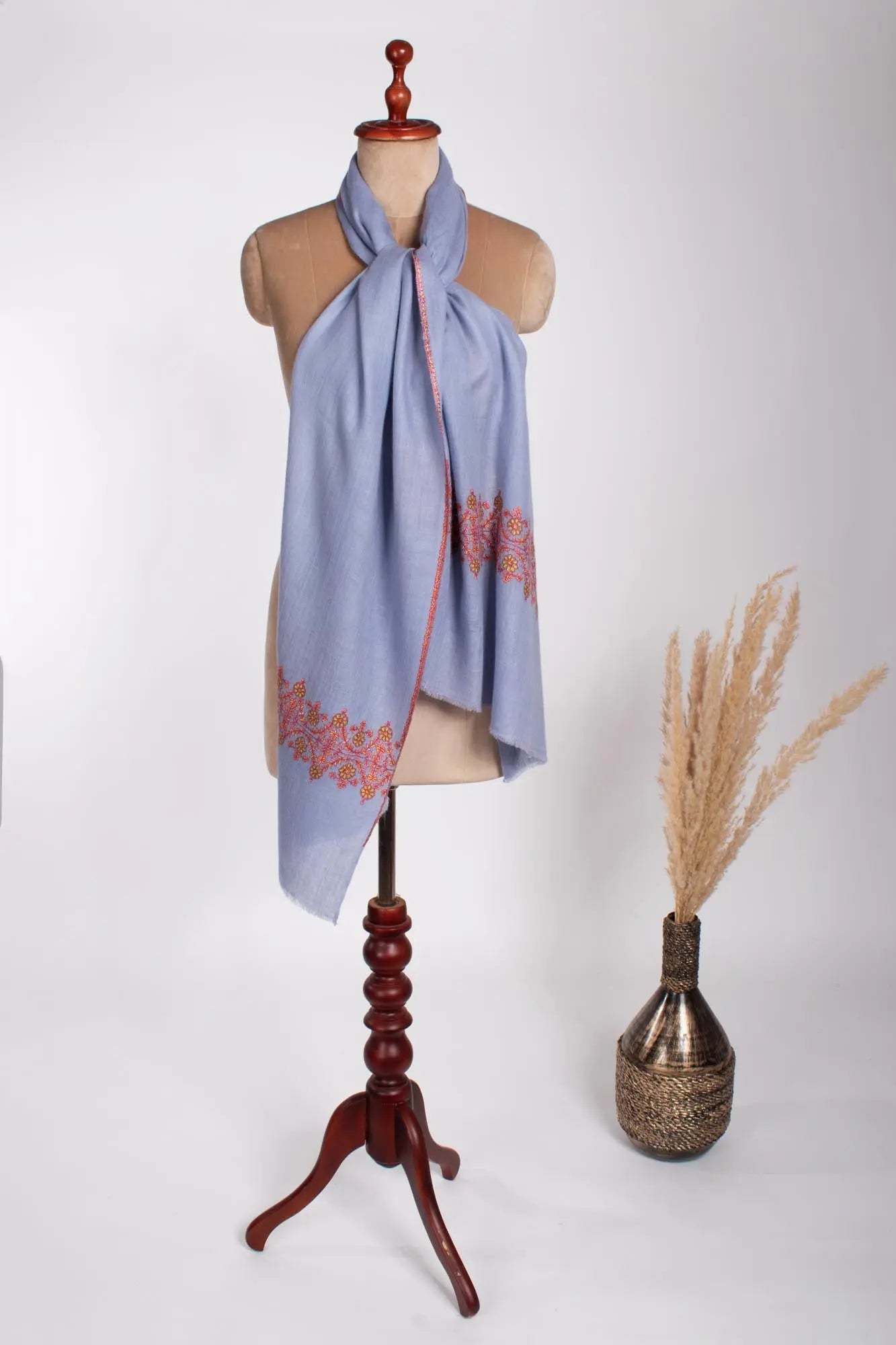 Blue Lightweight Cashmere Embroidered Scarf- LAUNCESTON Shahkaar