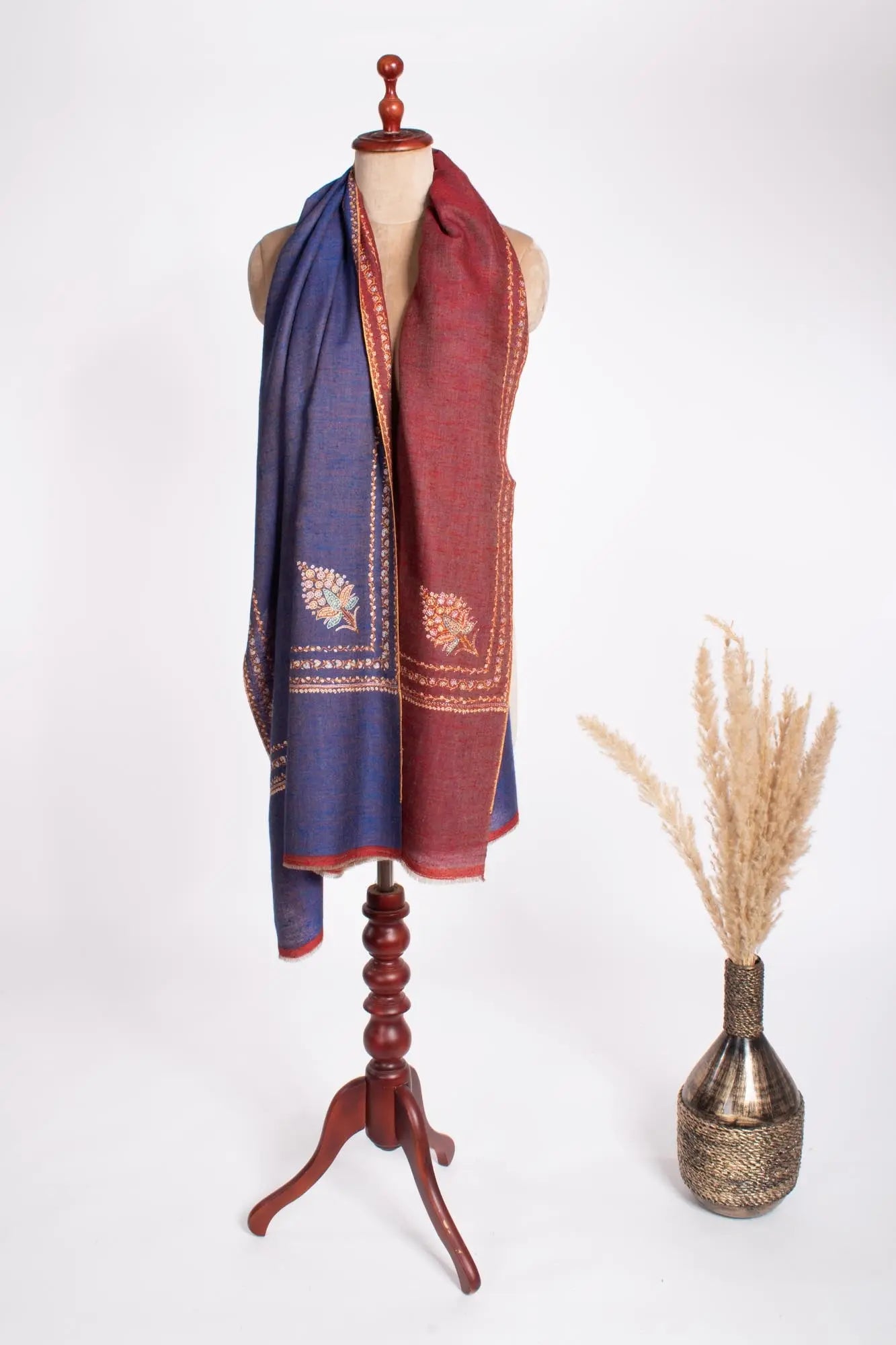 Blue Maroon Dorukha Hashia Pashmina Wrap - JASPER Shahkaar