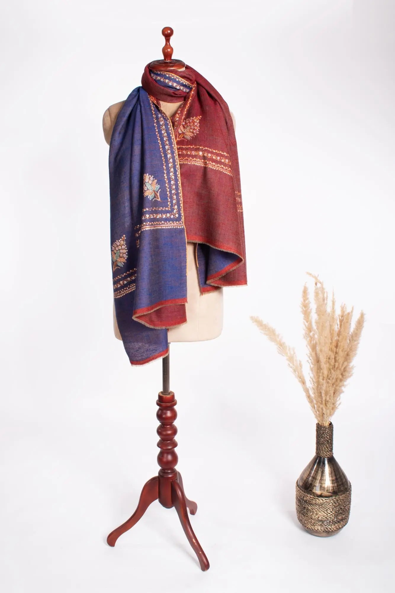Blue Maroon Dorukha Hashia Pashmina Wrap - JASPER Shahkaar