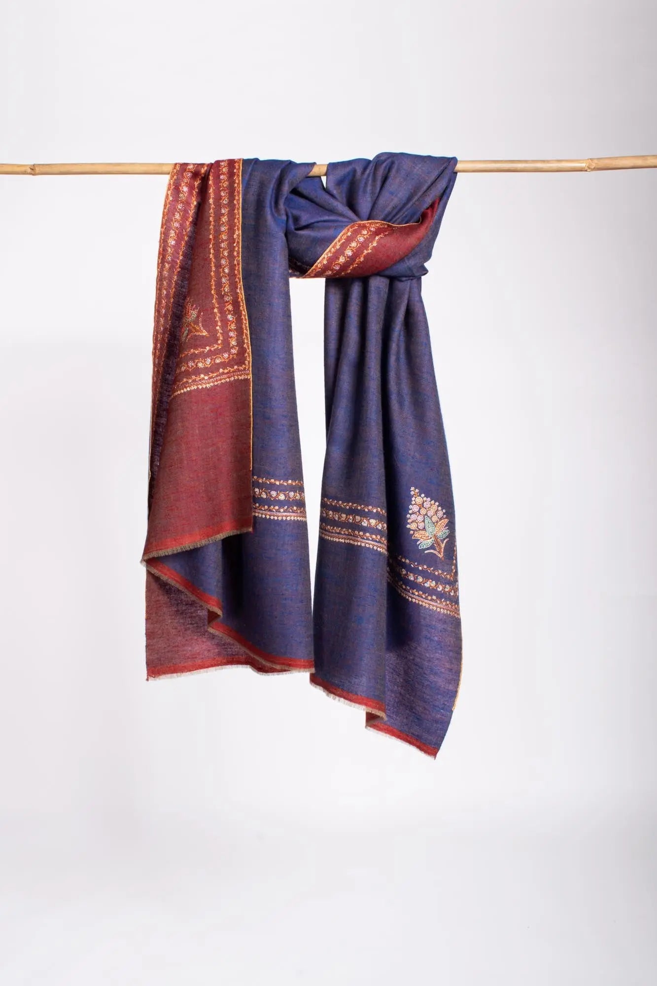 Blue Maroon Dorukha Hashia Pashmina Wrap - JASPER Shahkaar