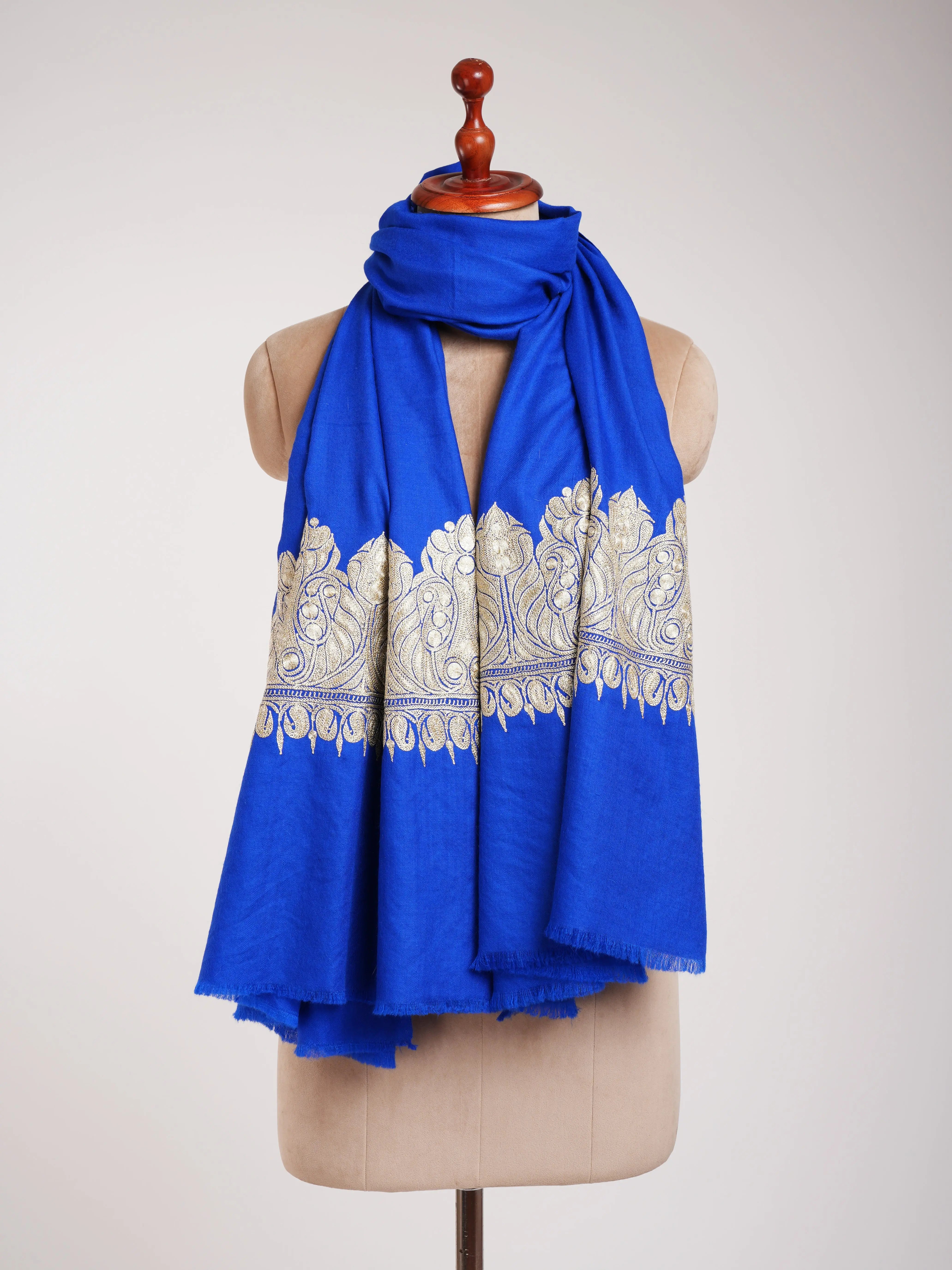Blue Pashmina Shawl with Water Gold tilla Embroidery. Shahkaar