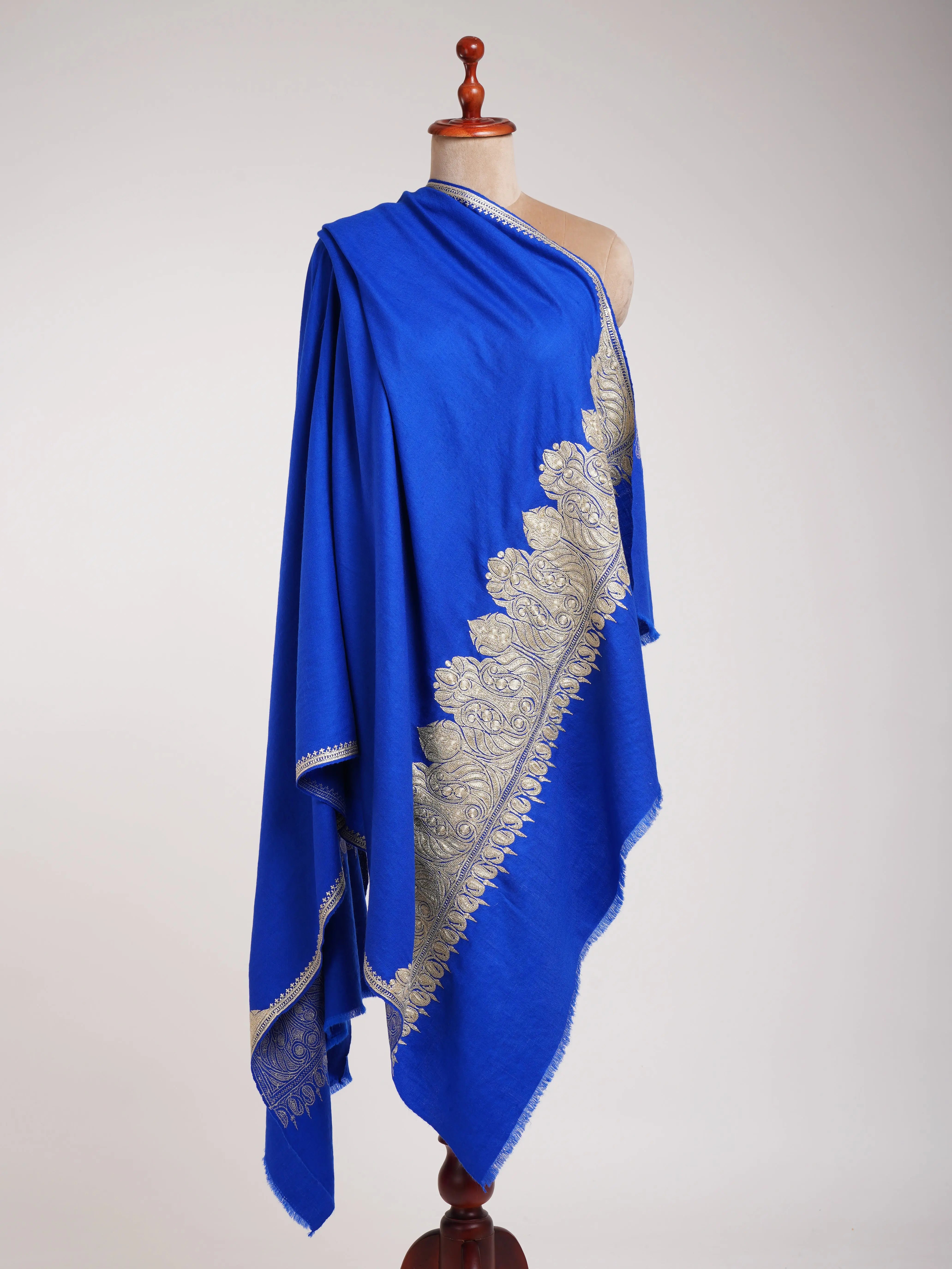 Blue Pashmina Shawl with Water Gold tilla Embroidery. Shahkaar