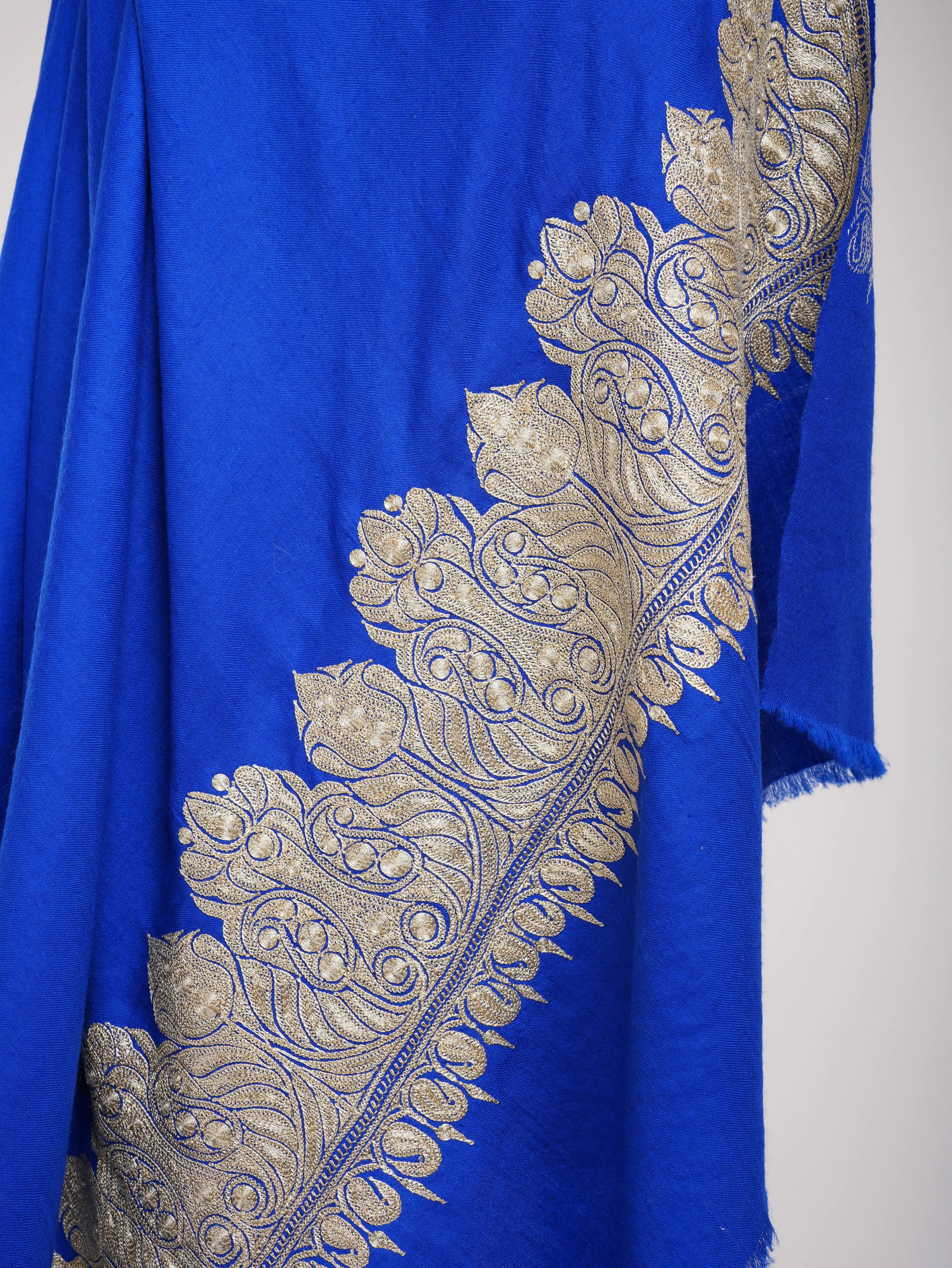 Blue Pashmina Shawl with Water Gold tilla Embroidery. Shahkaar