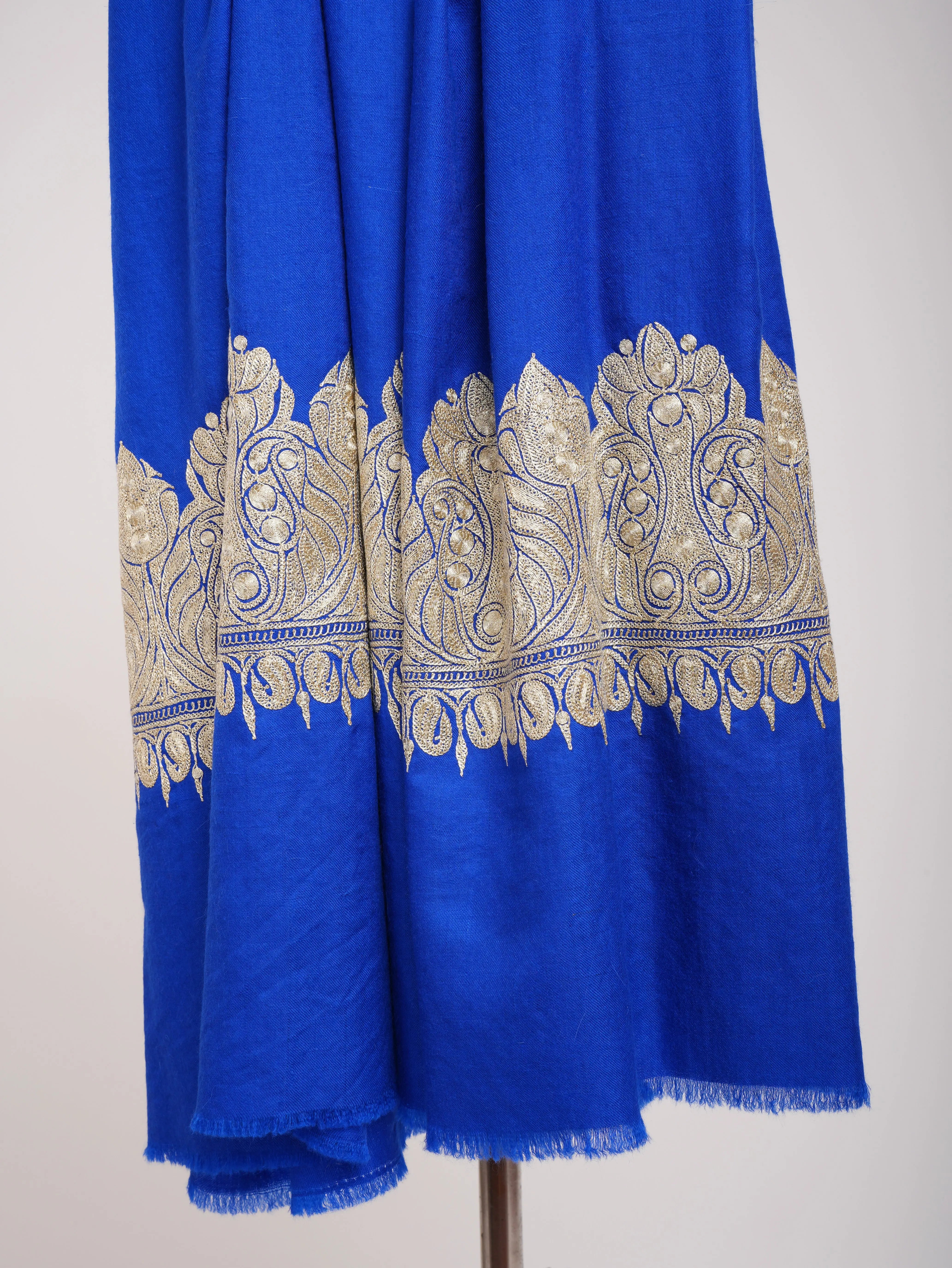 Blue Pashmina Shawl with Water Gold tilla Embroidery. Shahkaar