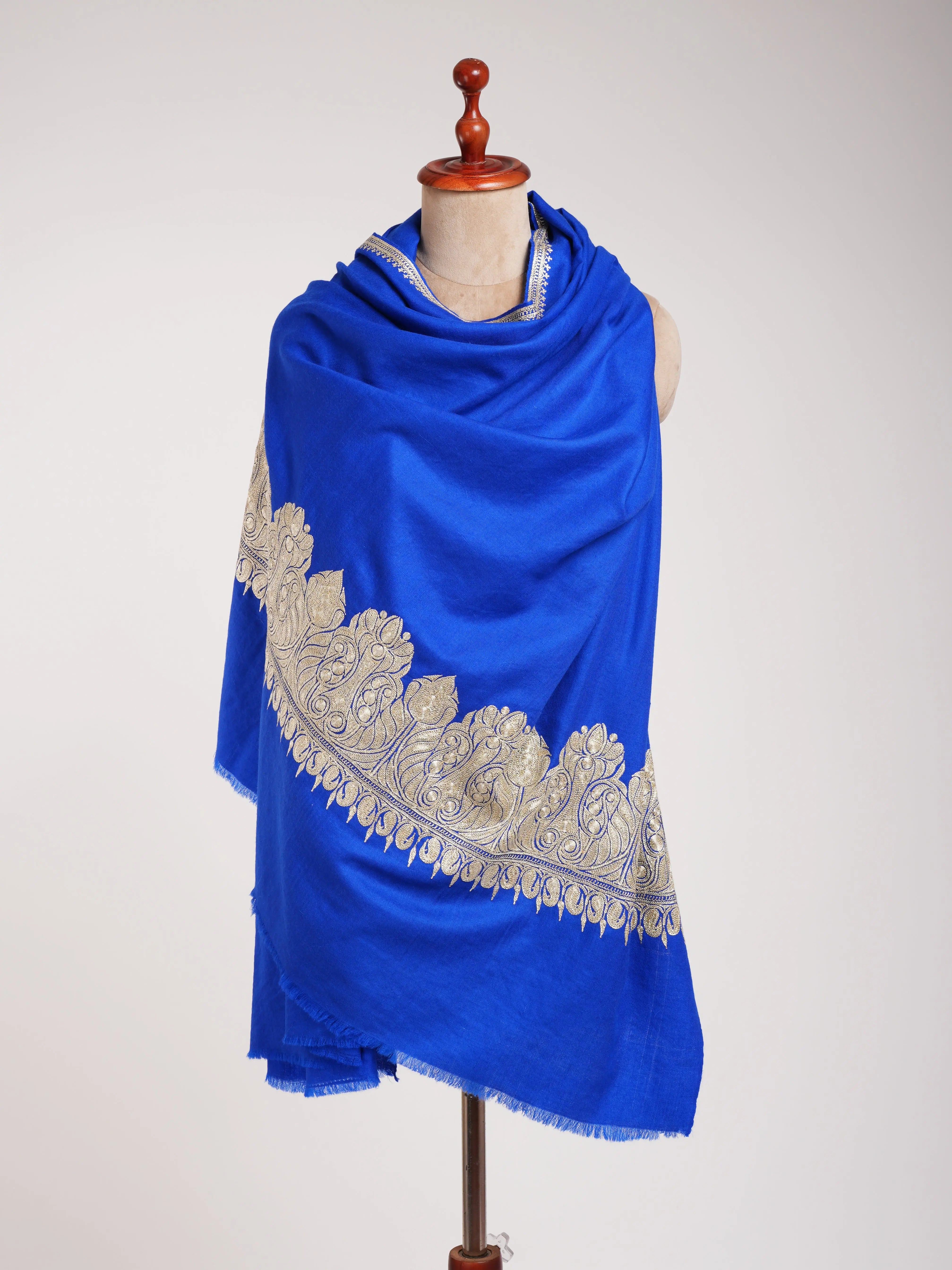 Blue Pashmina Shawl with Water Gold tilla Embroidery. Shahkaar