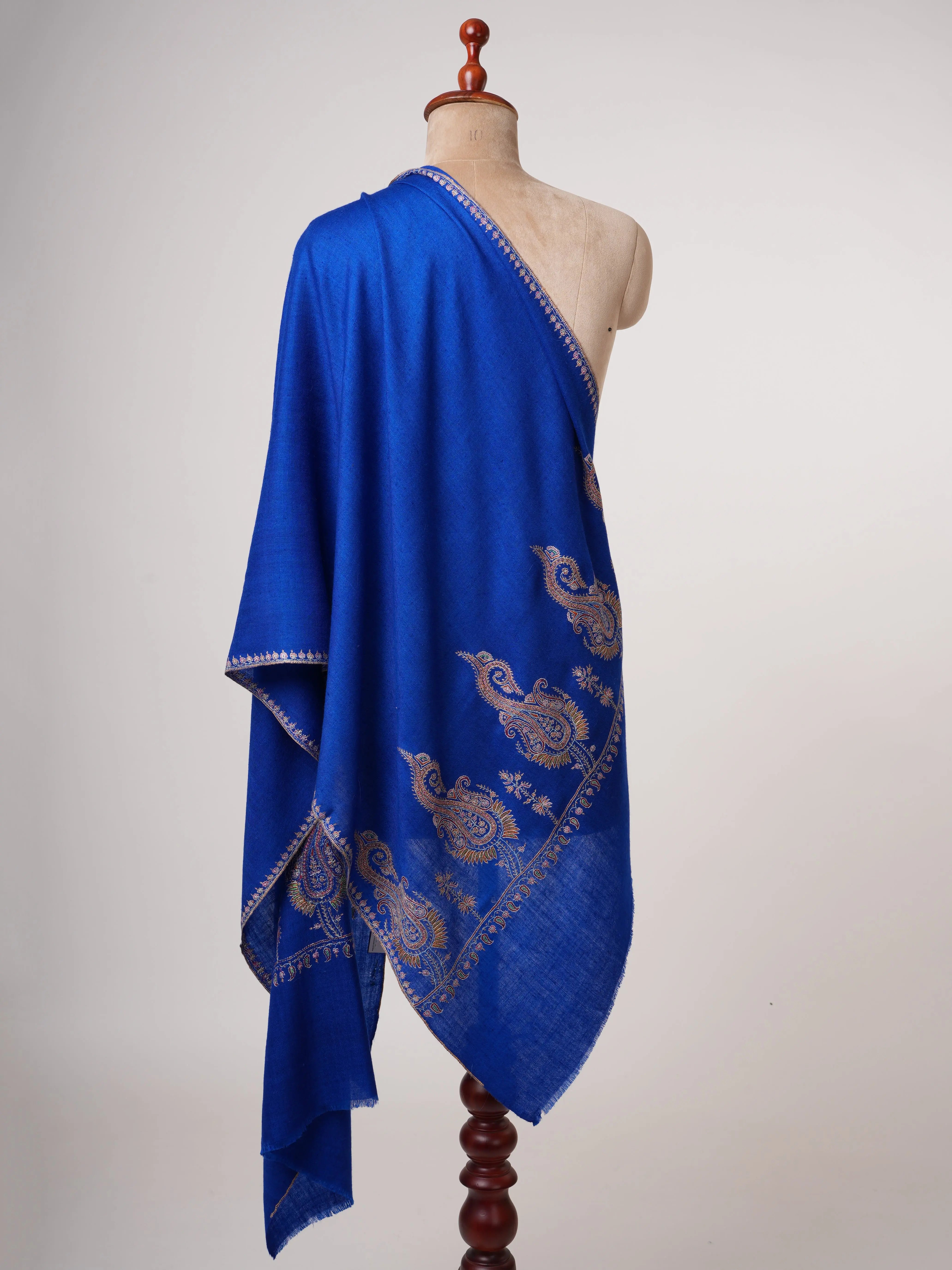 Blue Pure Cashmere Pashmina Scarf with Hand Embroidered Paisley Palla Shahkaar