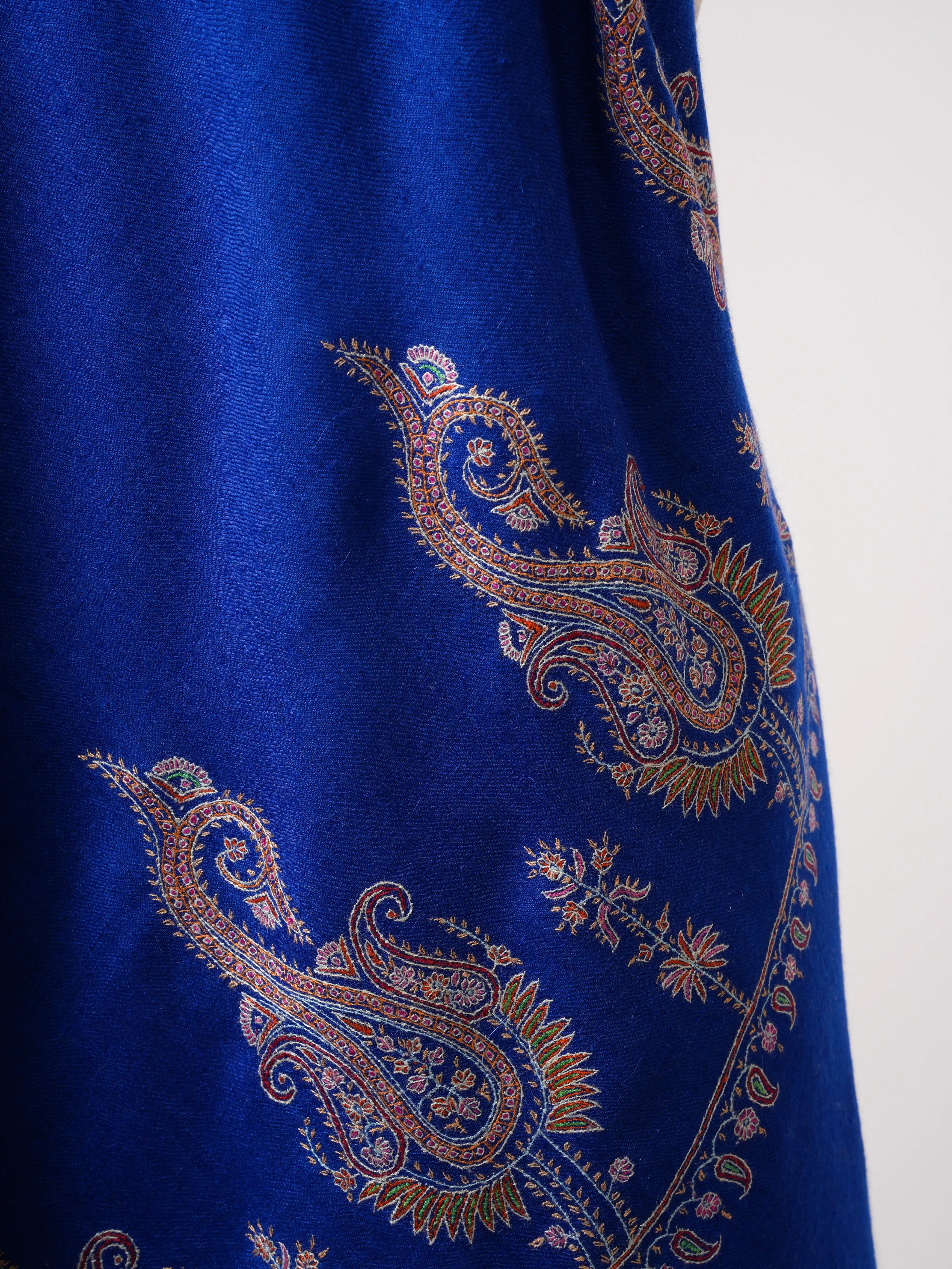 Blue Pure Cashmere Pashmina Scarf with Hand Embroidered Paisley Palla Shahkaar