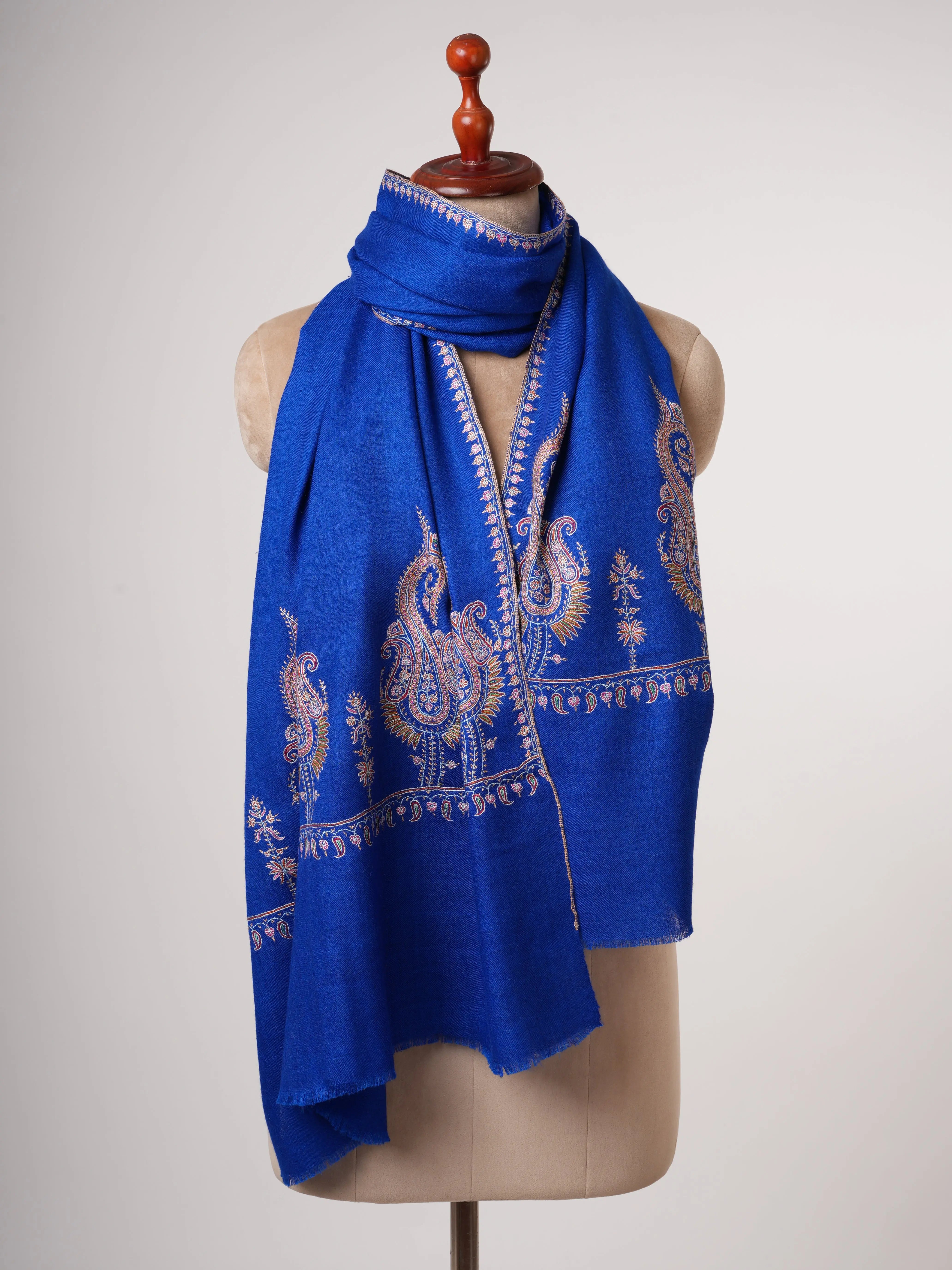Blue Pure Cashmere Pashmina Scarf with Hand Embroidered Paisley Palla Shahkaar