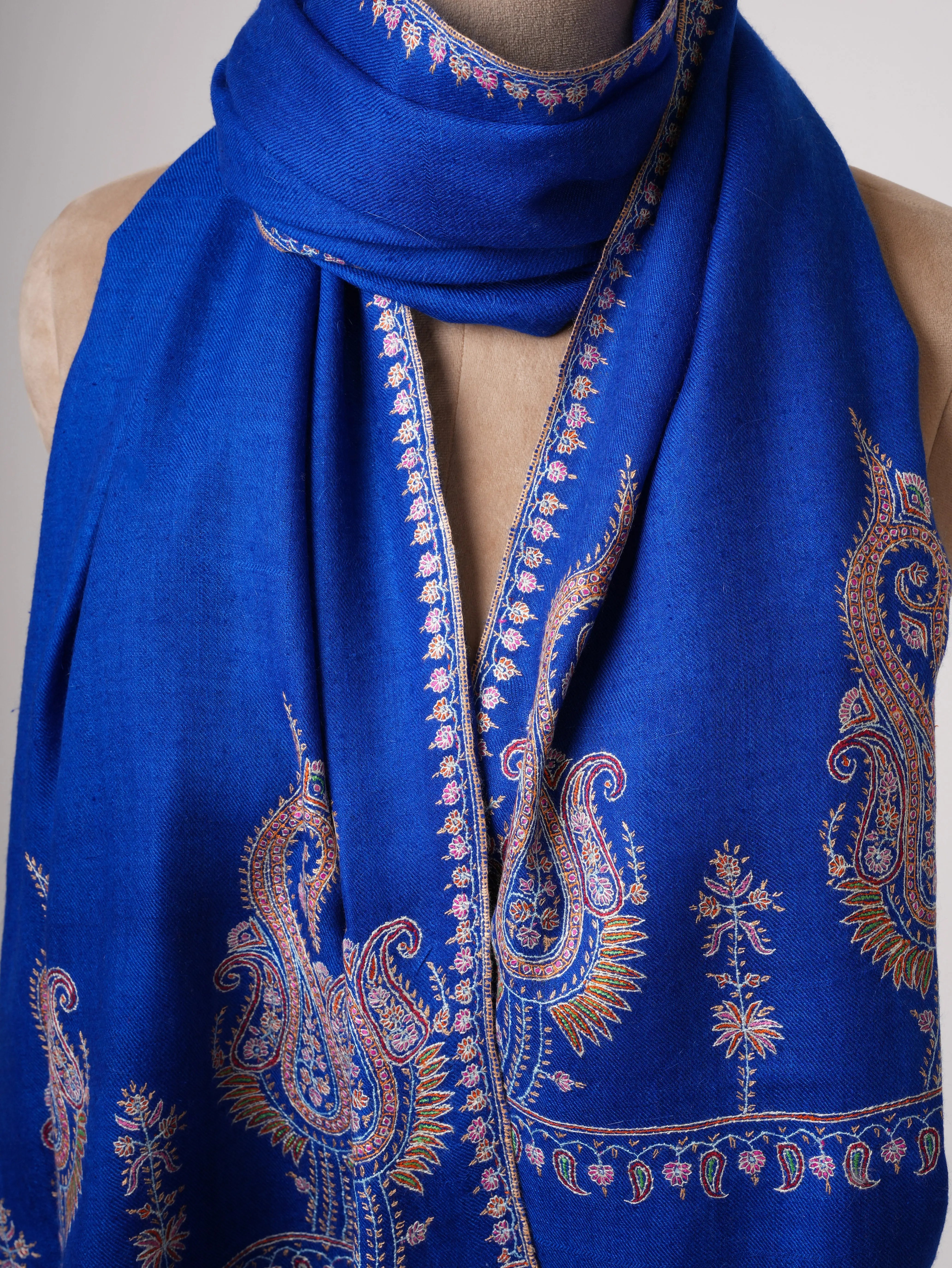 Blue Pure Cashmere Pashmina Scarf with Hand Embroidered Paisley Palla Shahkaar