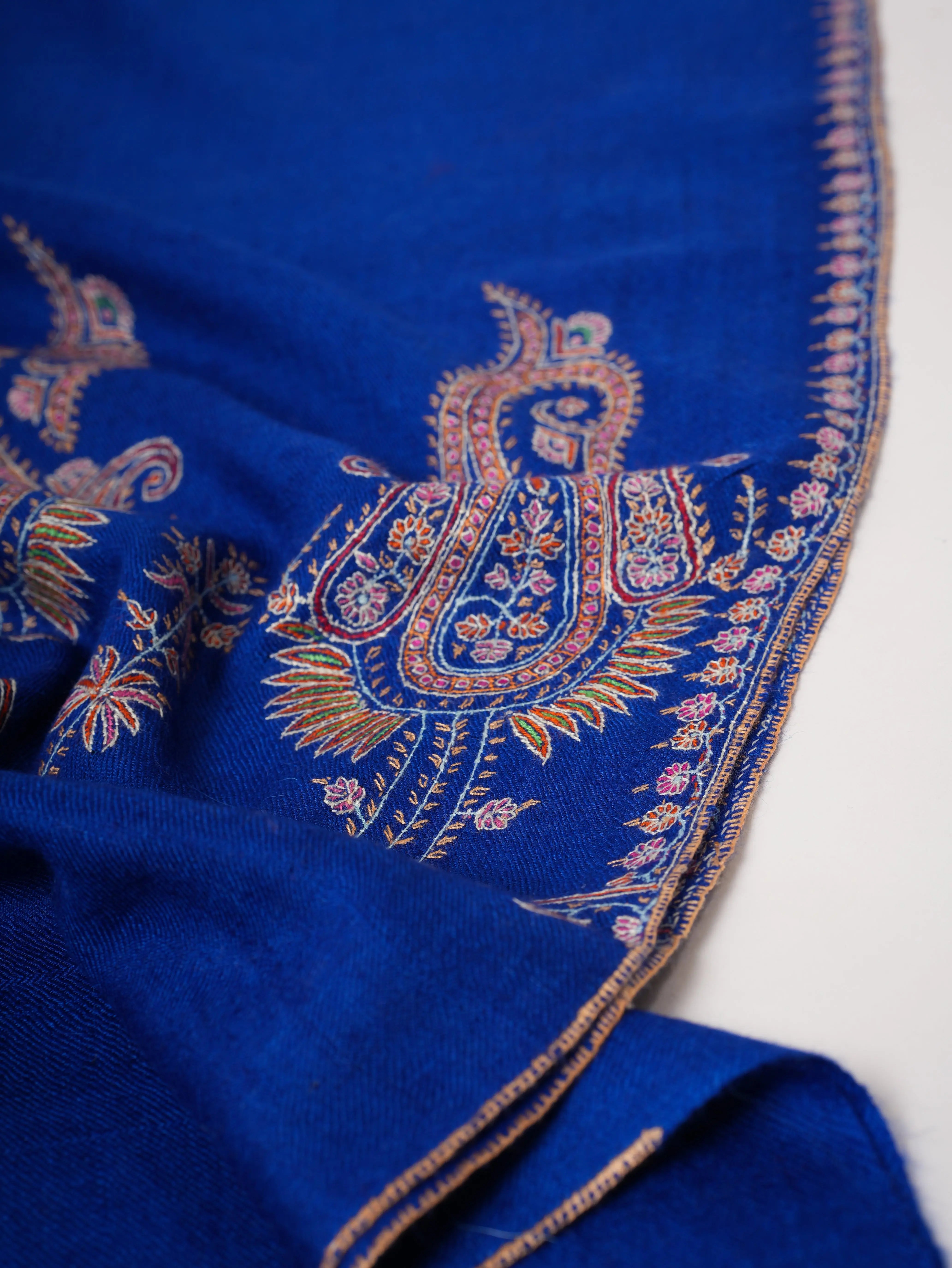 Blue Pure Cashmere Pashmina Scarf with Hand Embroidered Paisley Palla Shahkaar
