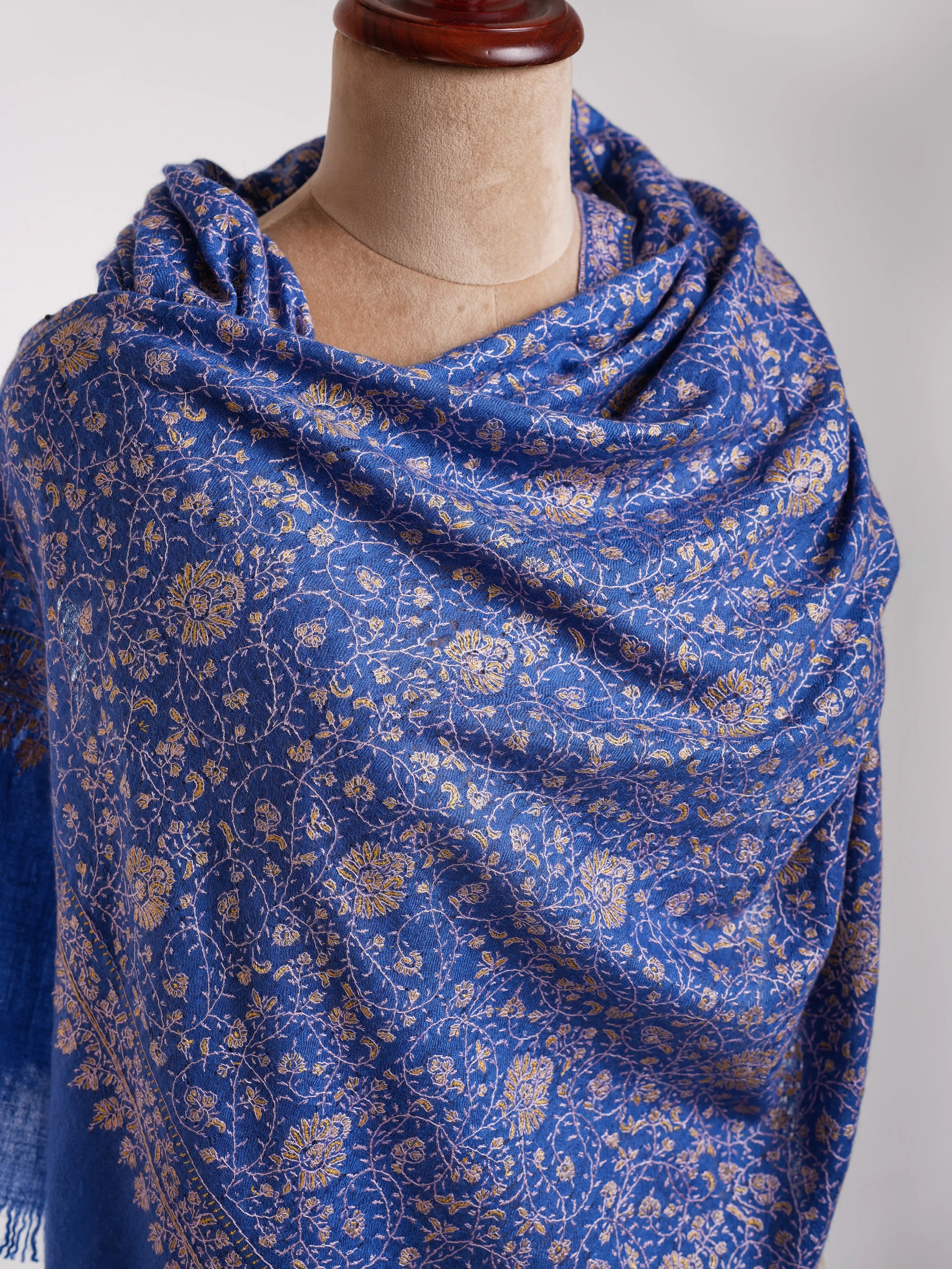 Blue Sozni Embroidered Indian Cashmere Stole Shahkaar