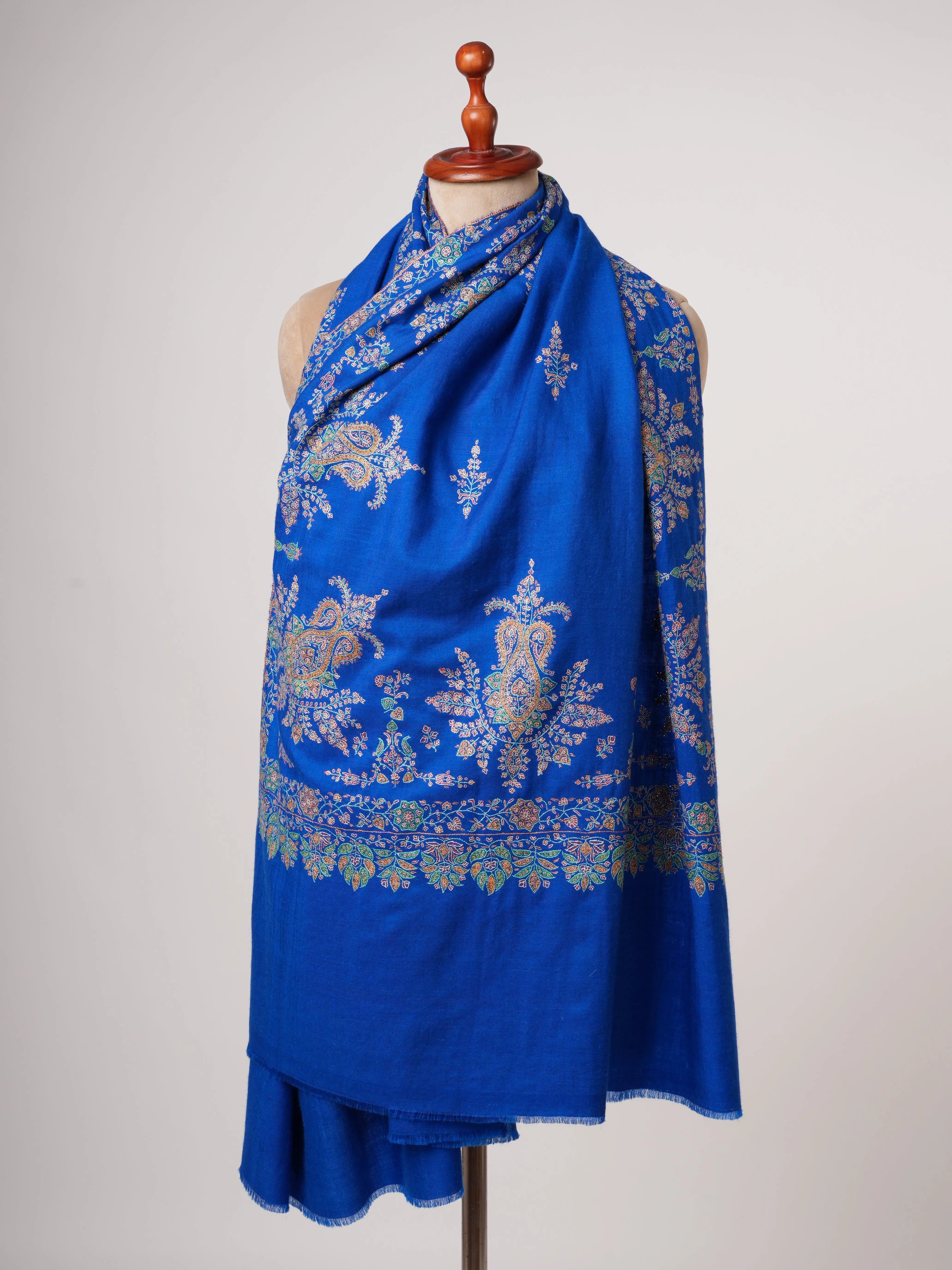 Blue Sozni Embroidered Pashmina Shawl with Buteh Handwork – Timeless Kashmiri Craftsmanship Shahkaar