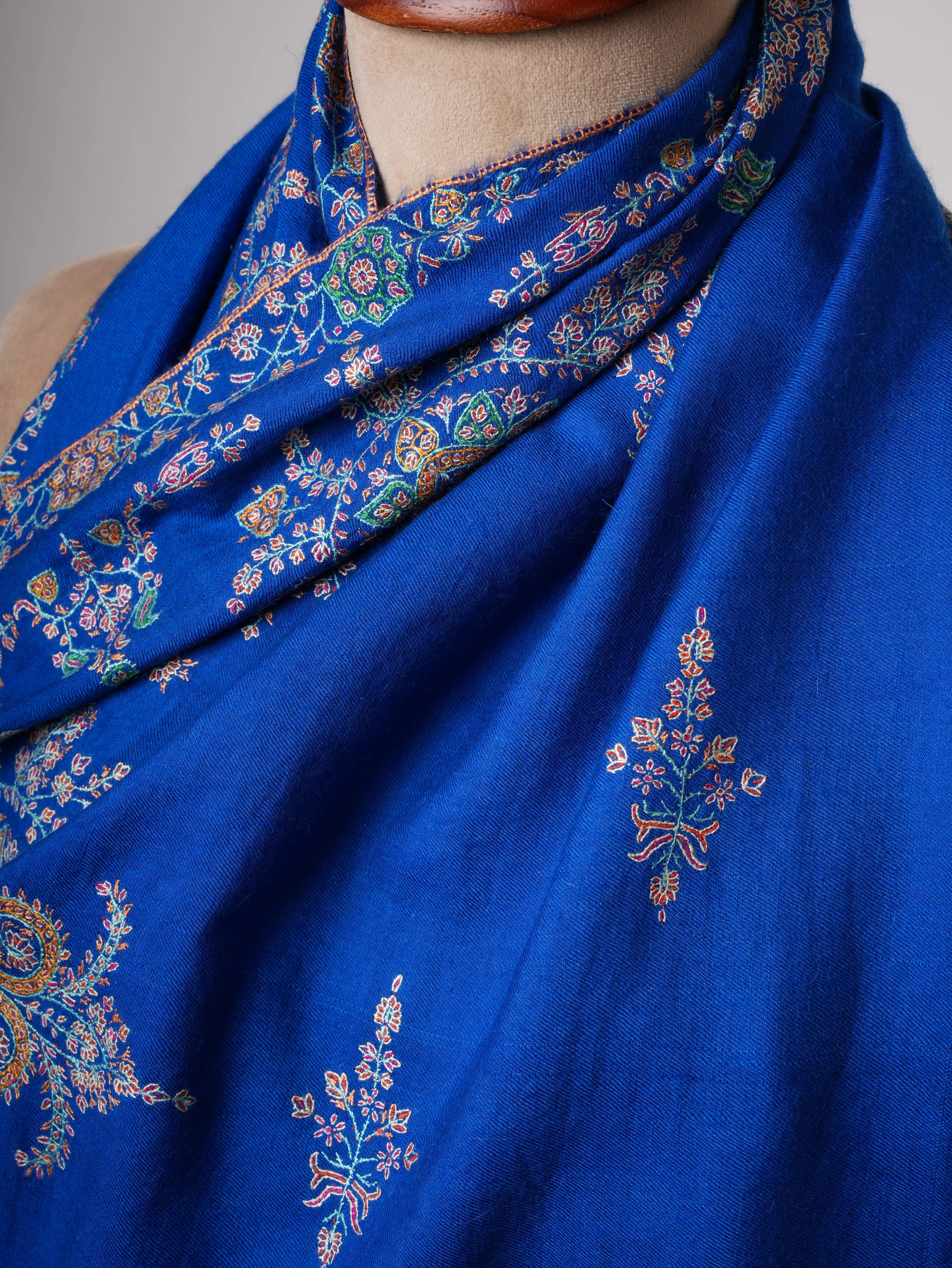 Blue Sozni Embroidered Pashmina Shawl with Buteh Handwork – Timeless Kashmiri Craftsmanship Shahkaar
