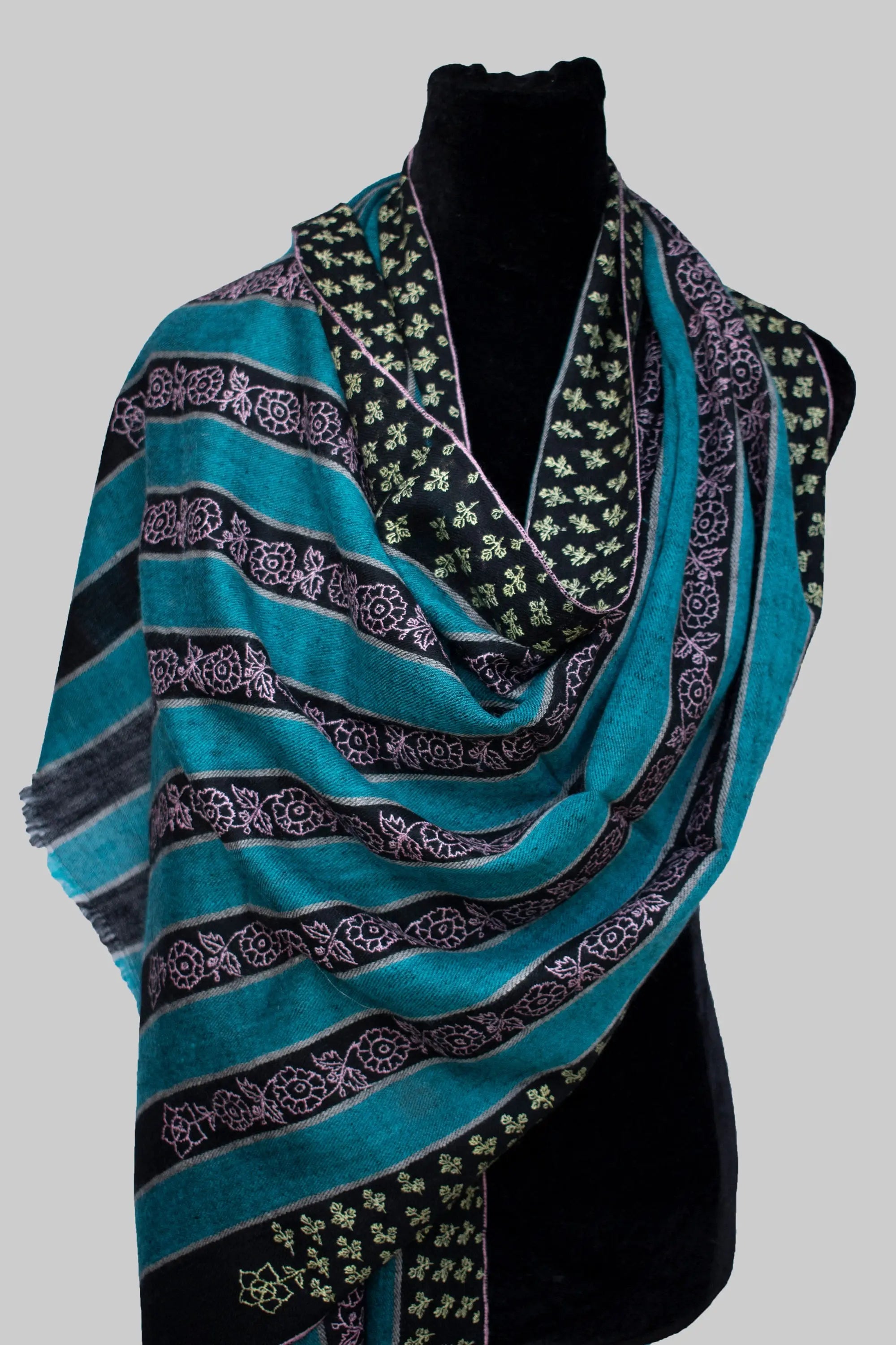 Blue black stripes Pure Pashmina Cashmere Scarf Wrap, Hand Embroided Handwoven Shahkaar