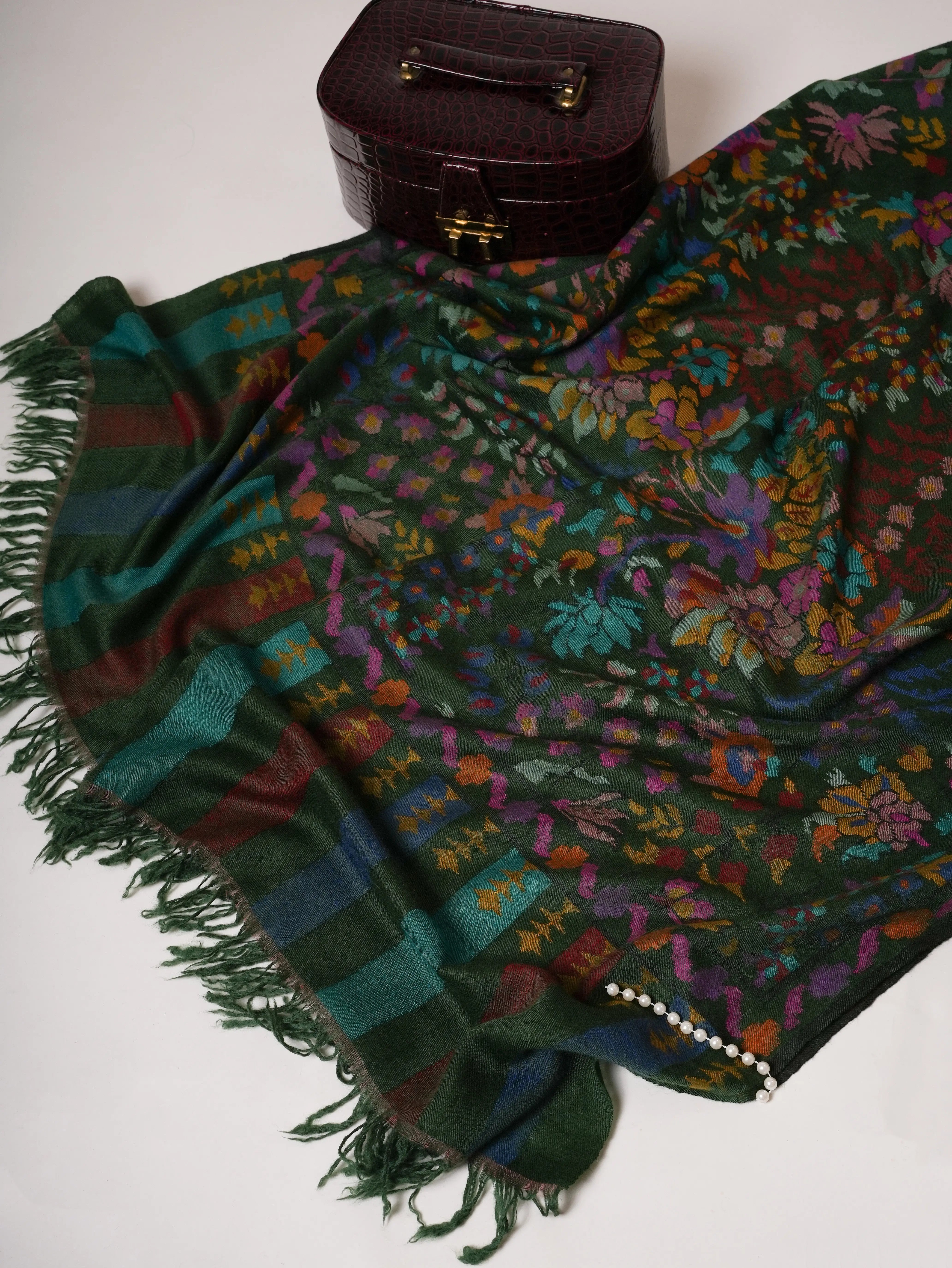 Bottle Green Handwoven Kani Indian Pashmina Shawl Shahkaar