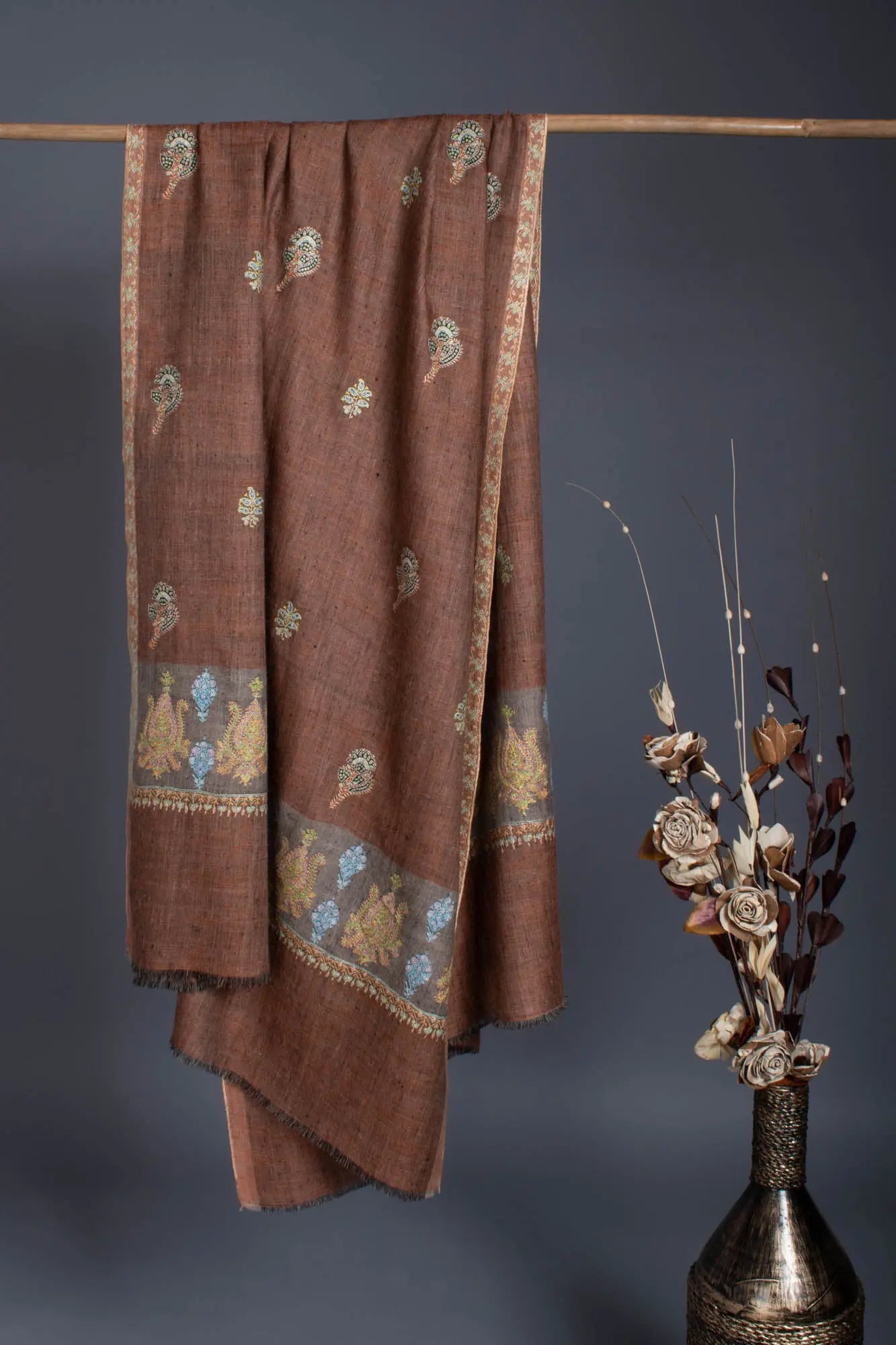 Brown Pashmina Palla Sozni - GANDHI Shahkaar