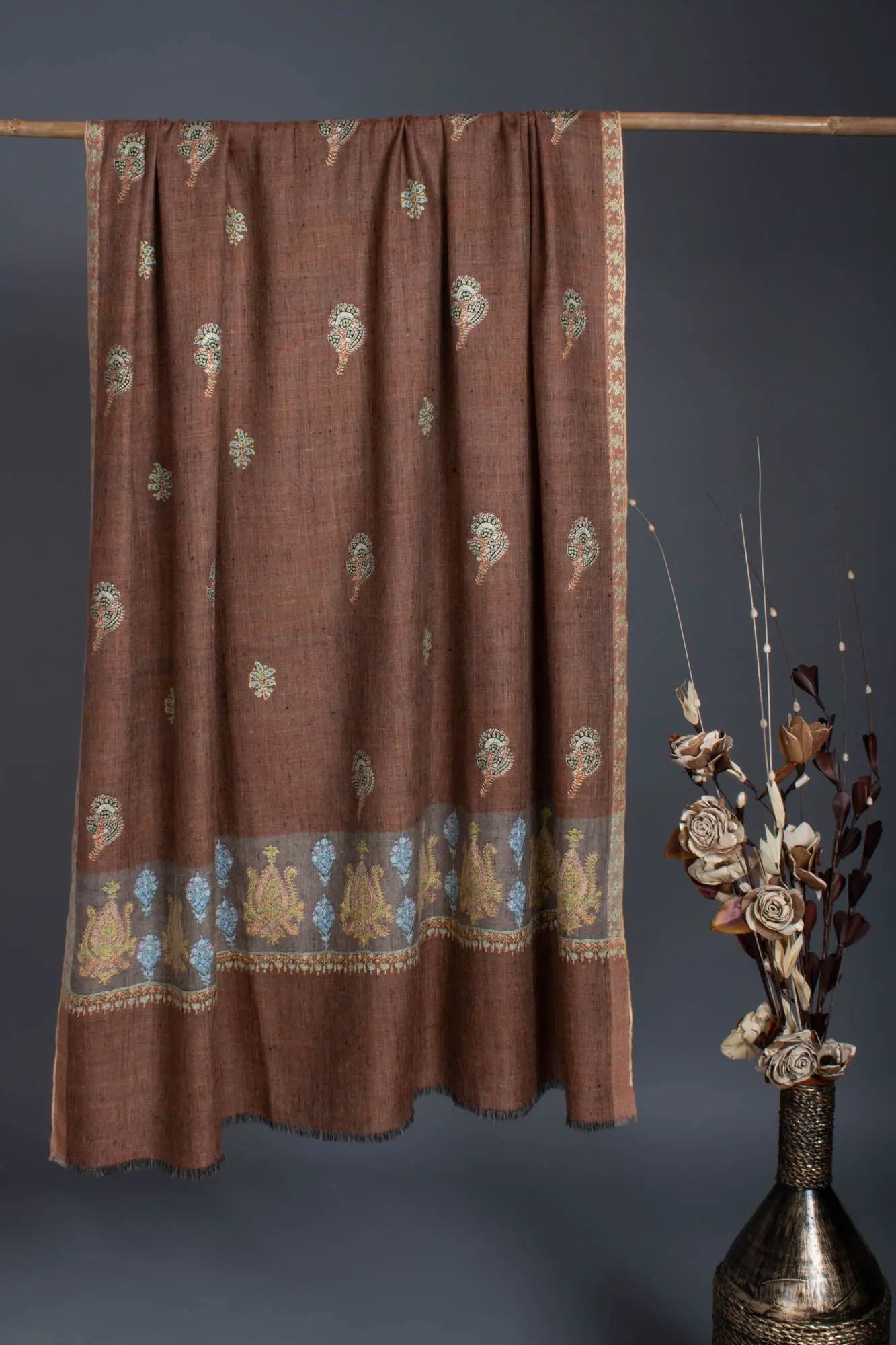 Brown Pashmina Palla Sozni - GANDHI Shahkaar