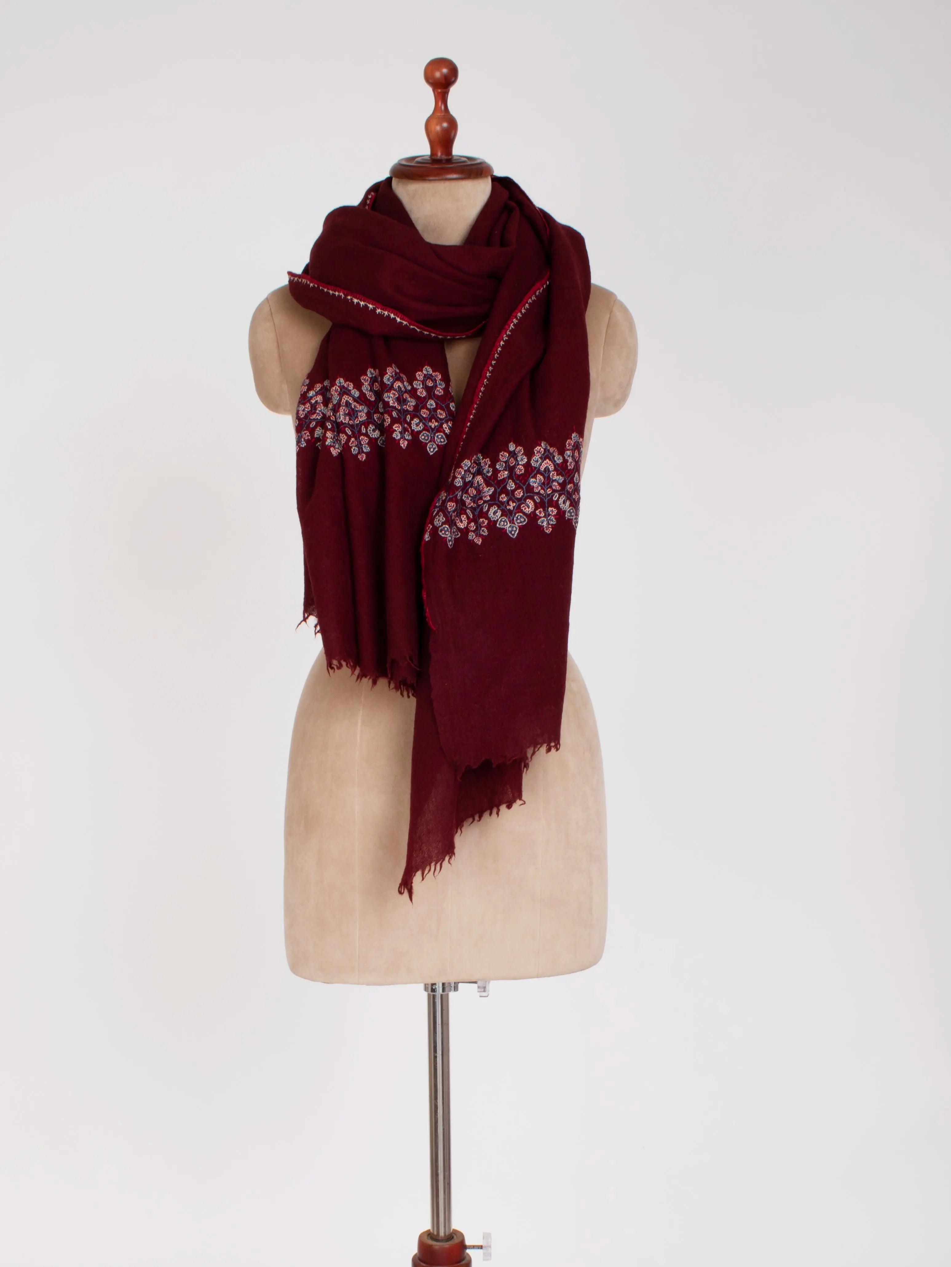 Burgundy Hand Embroidered Pure Wool Gift Shawl Shahkaar