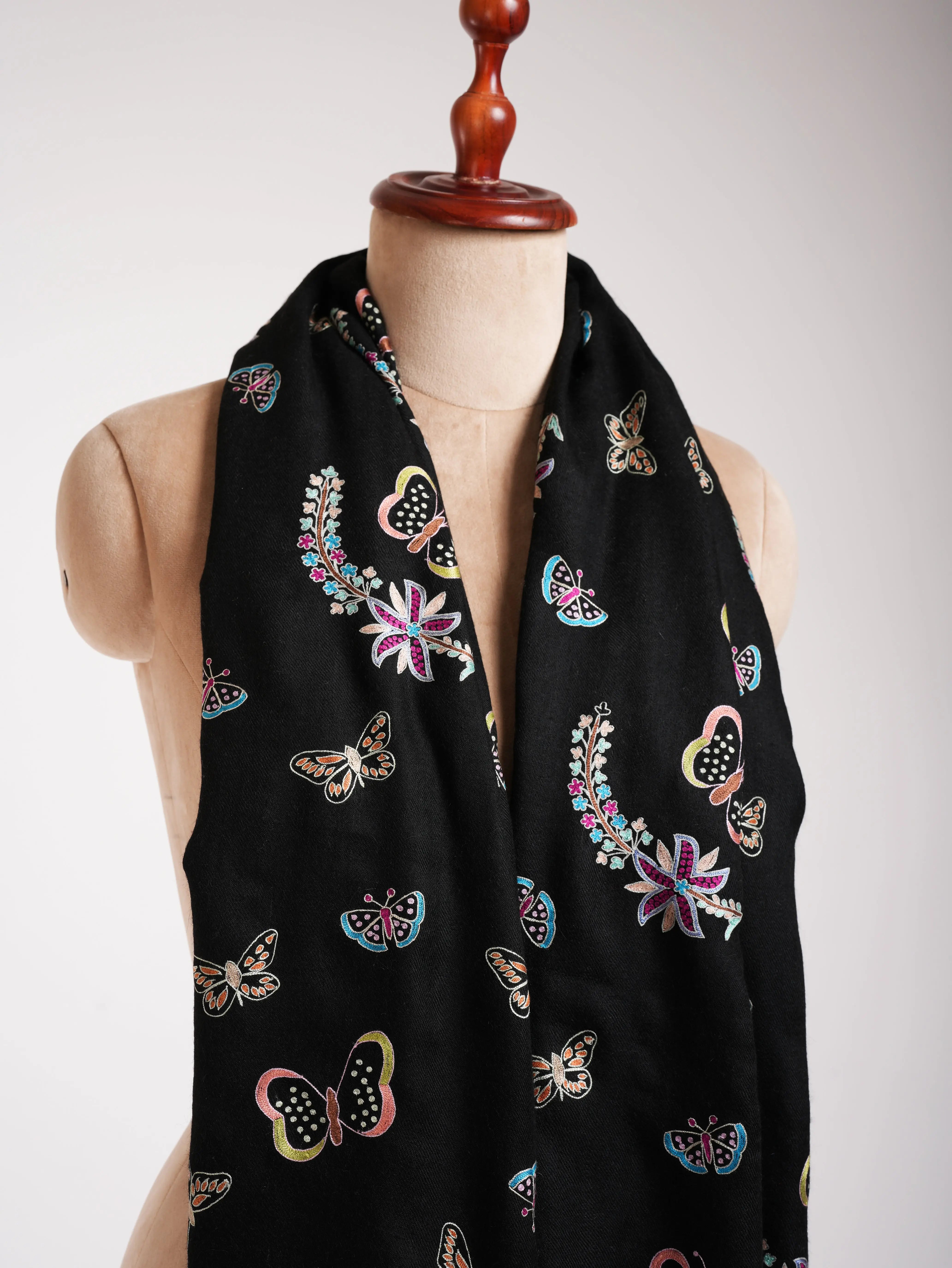 Butterfly Embroidered Black Pashmina Shawl Shahkaar