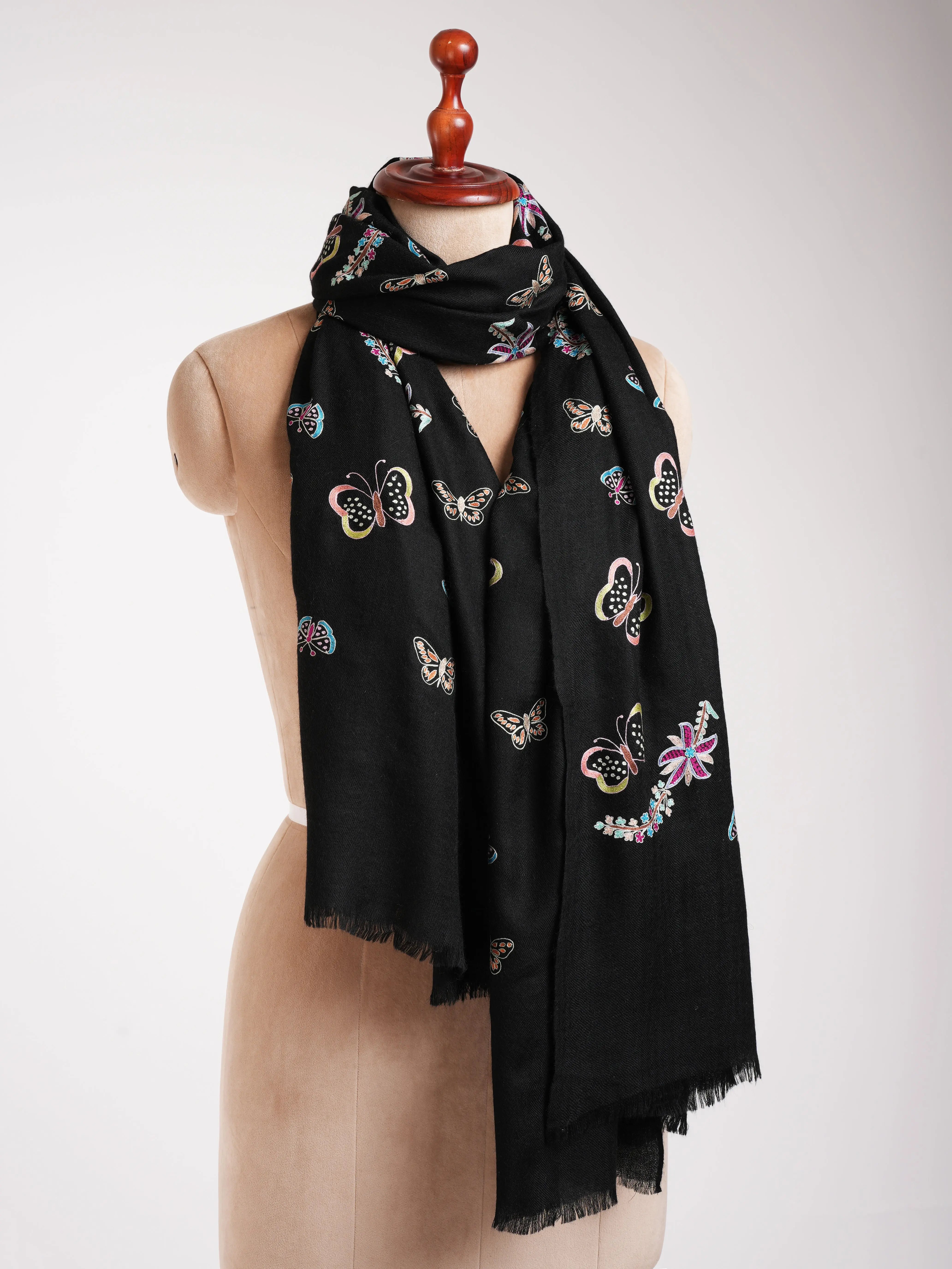 Butterfly Embroidered Black Pashmina Shawl Shahkaar