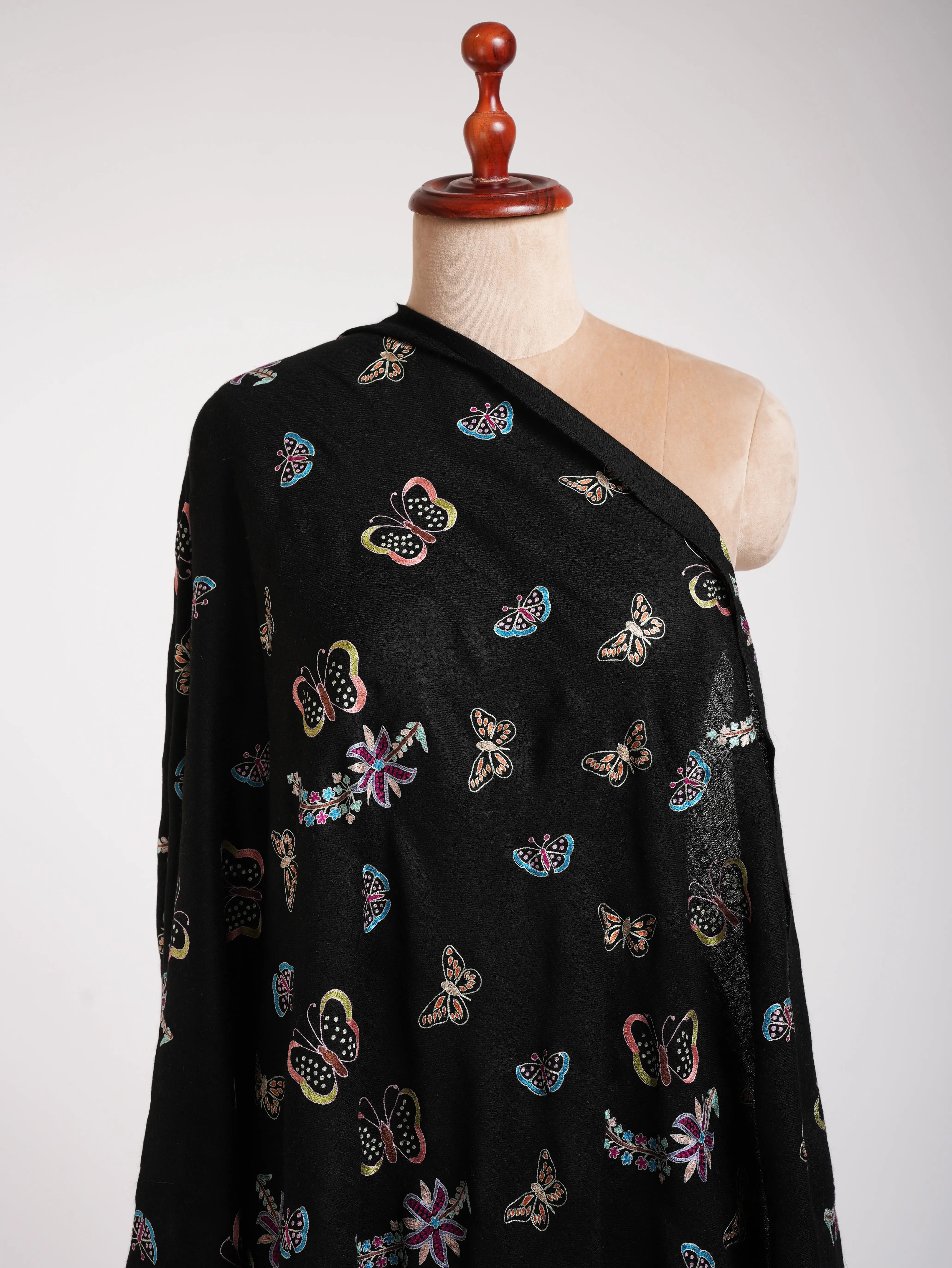 Butterfly Embroidered Black Pashmina Shawl Shahkaar