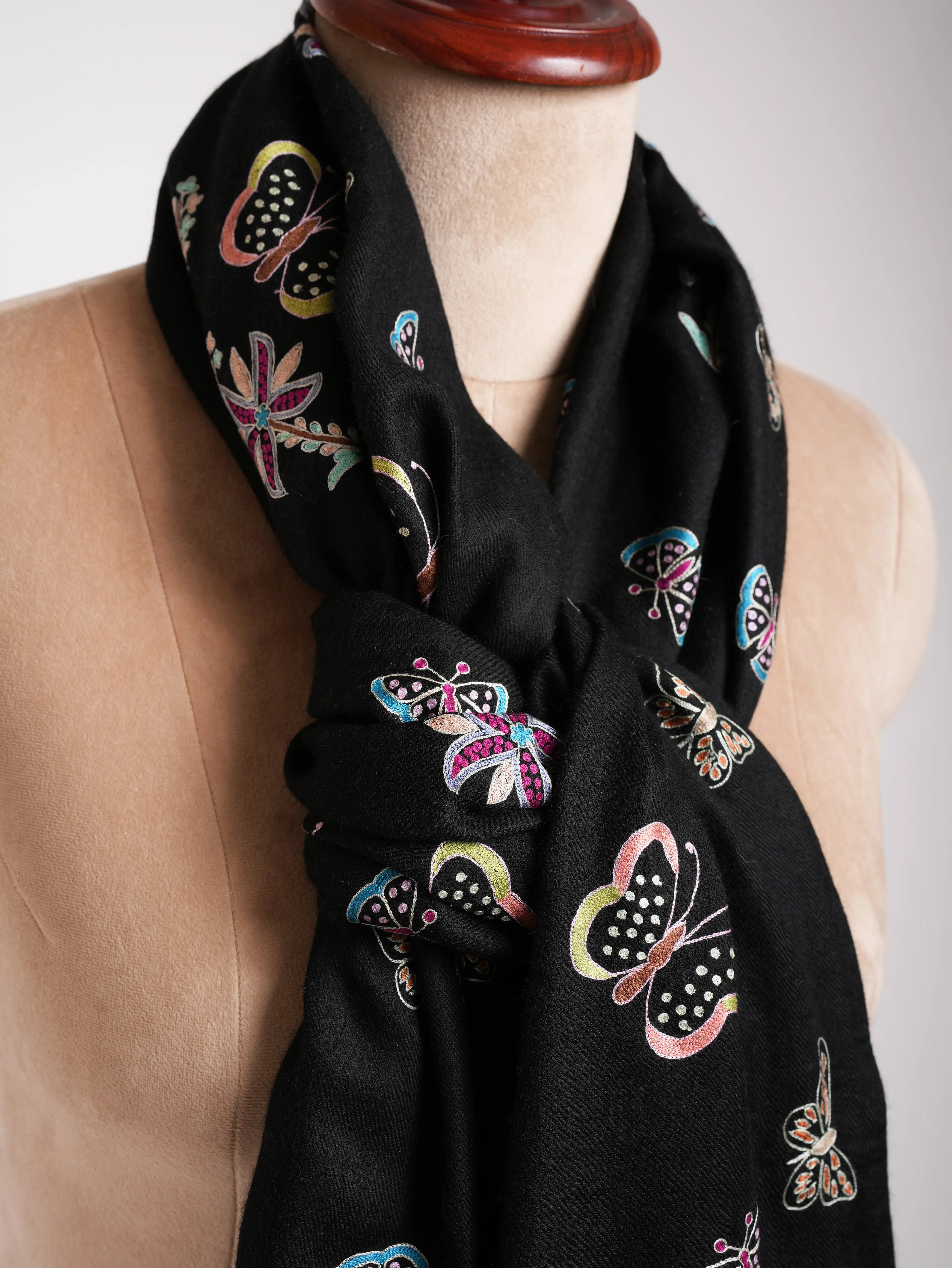 Butterfly Embroidered Black Pashmina Shawl Shahkaar