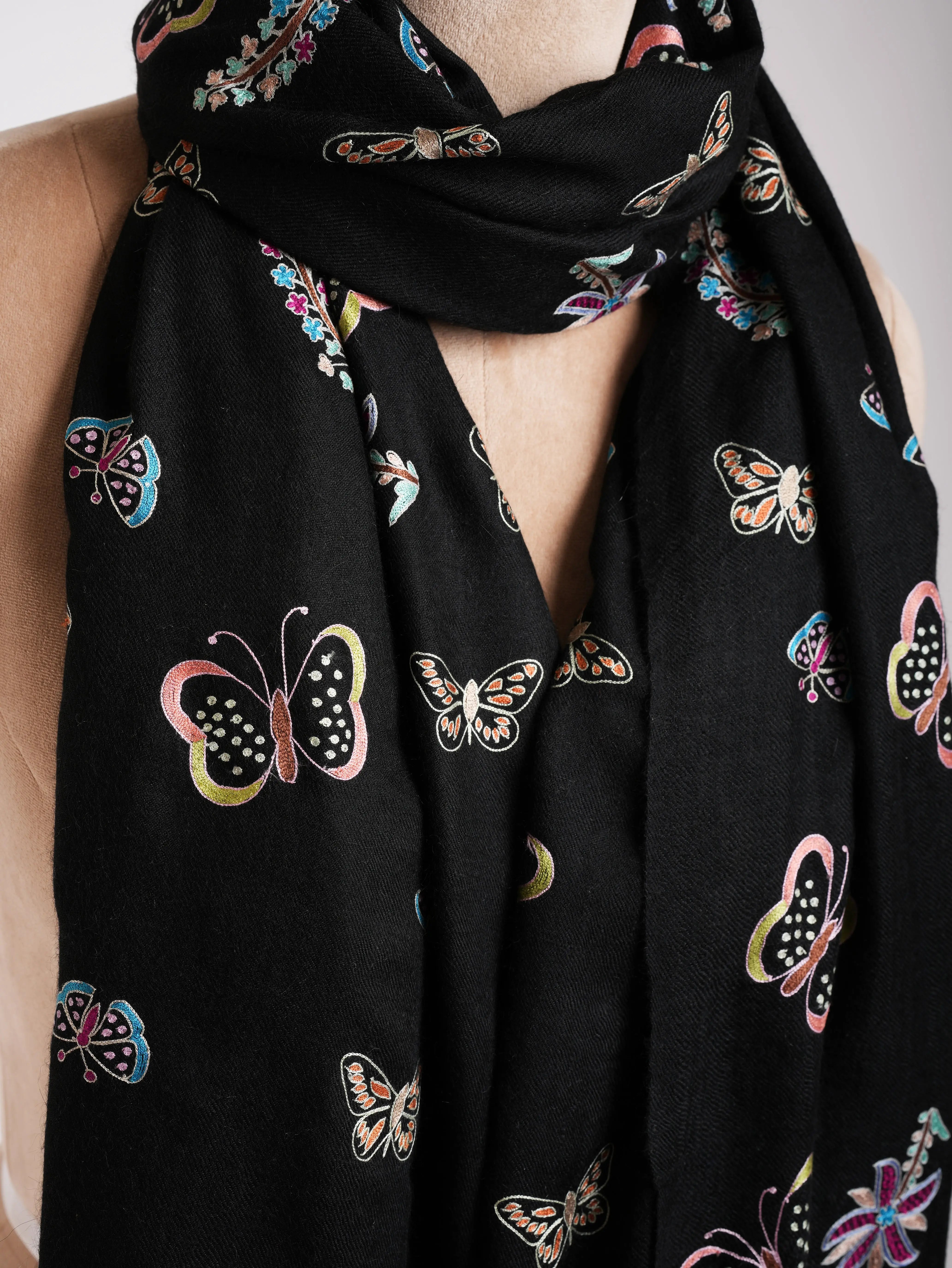 Butterfly Embroidered Black Pashmina Shawl Shahkaar